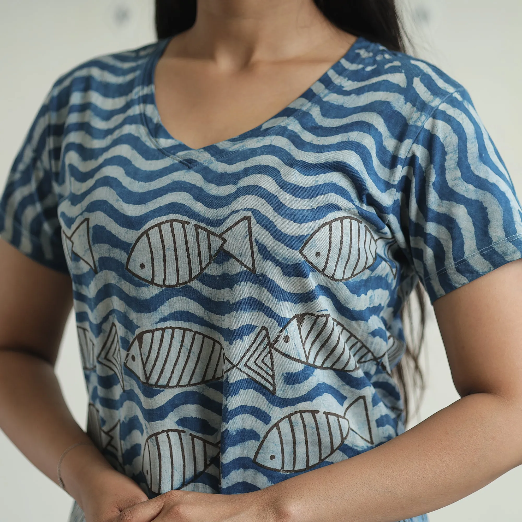 Blue - Bindaas Block Art Printed Cotton Women V Neck T-shirt 12