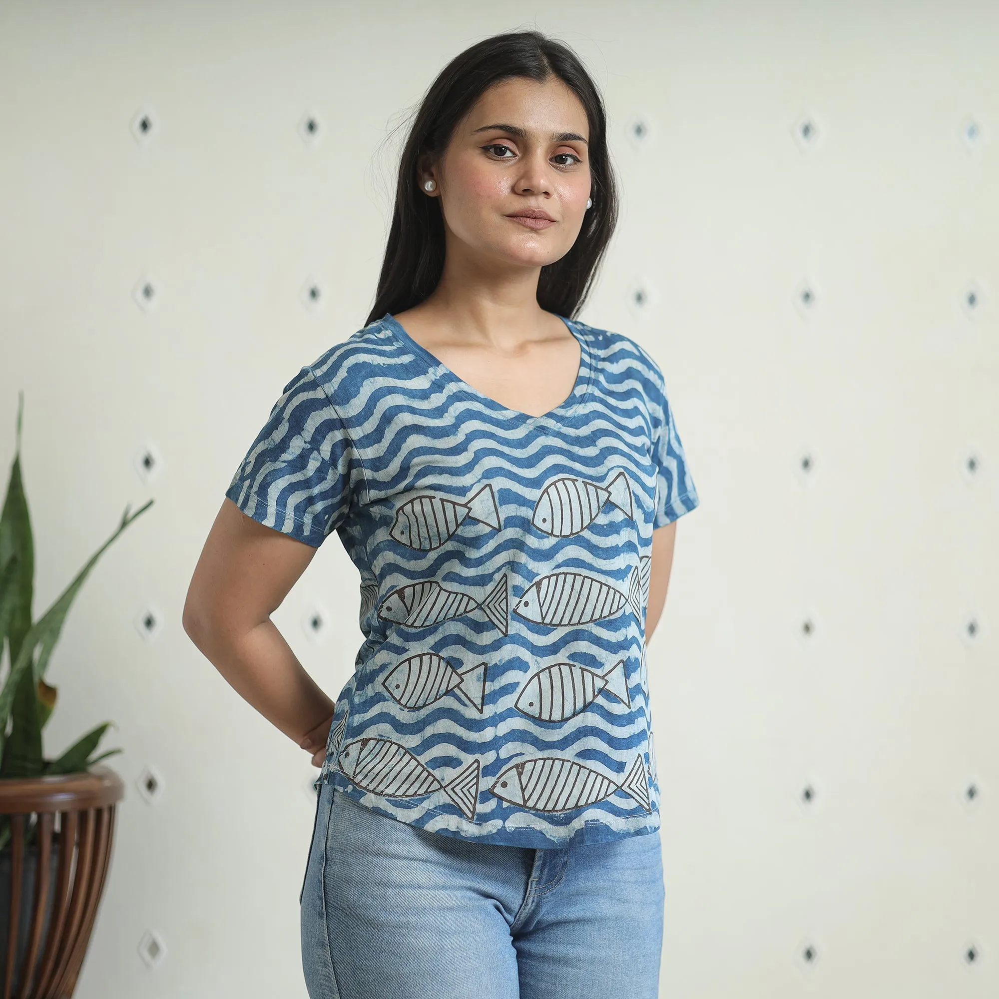 Blue - Bindaas Block Art Printed Cotton Women V Neck T-shirt 12