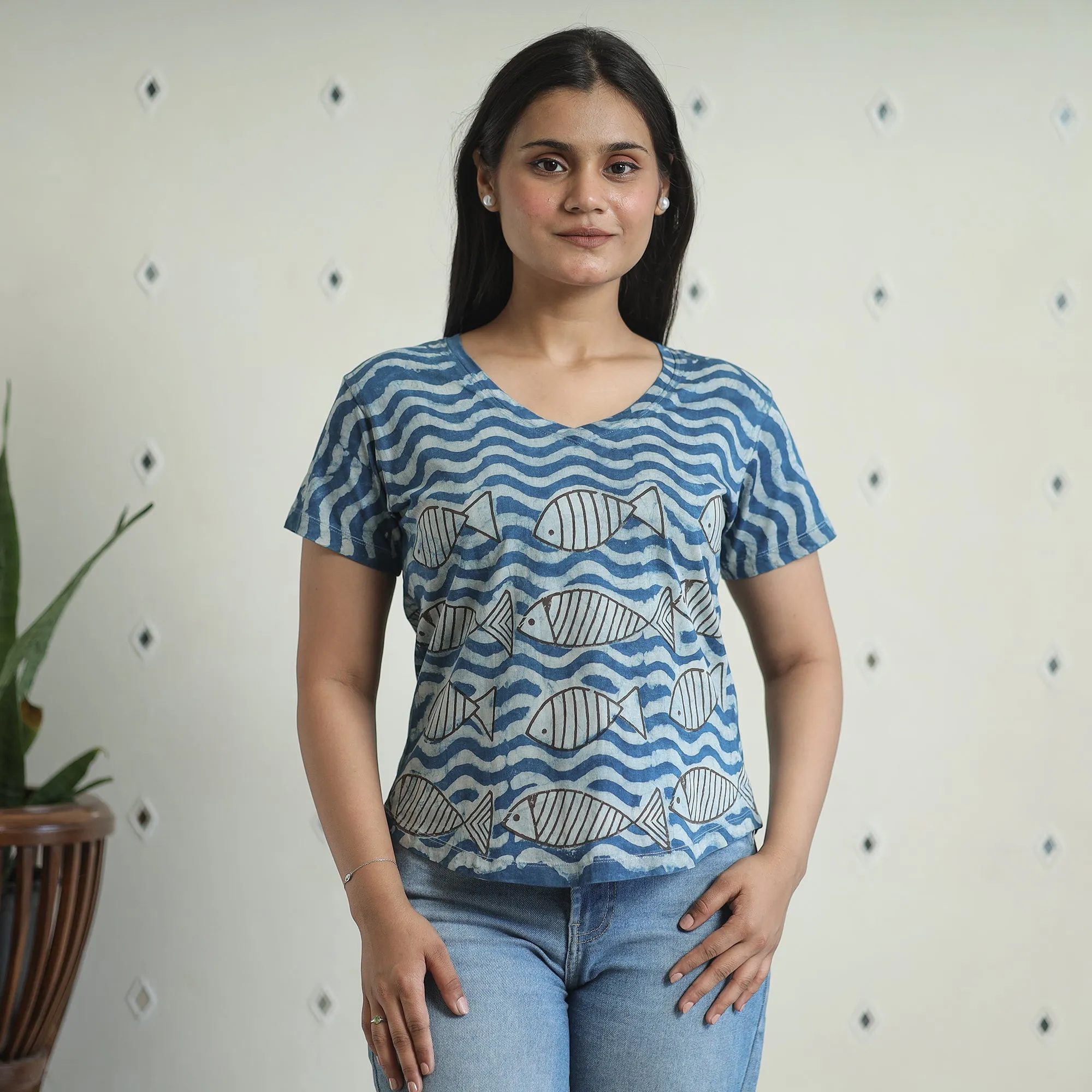 Blue - Bindaas Block Art Printed Cotton Women V Neck T-shirt 12