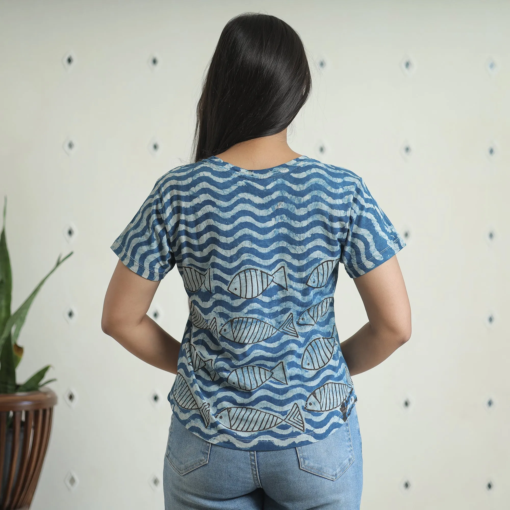 Blue - Bindaas Block Art Printed Cotton Women V Neck T-shirt 12