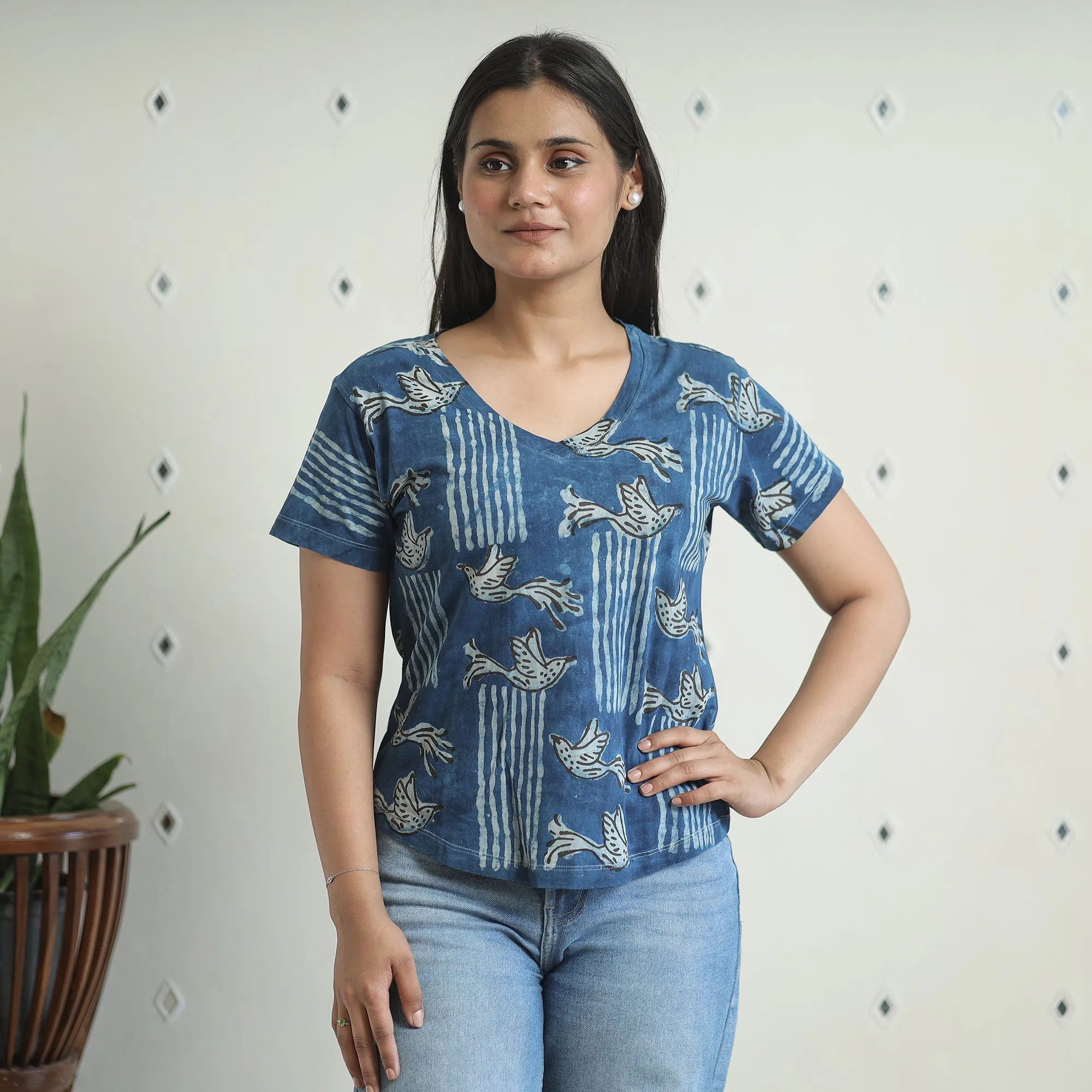 Blue - Bindaas Block Art Printed Cotton Women V Neck T-shirt 15