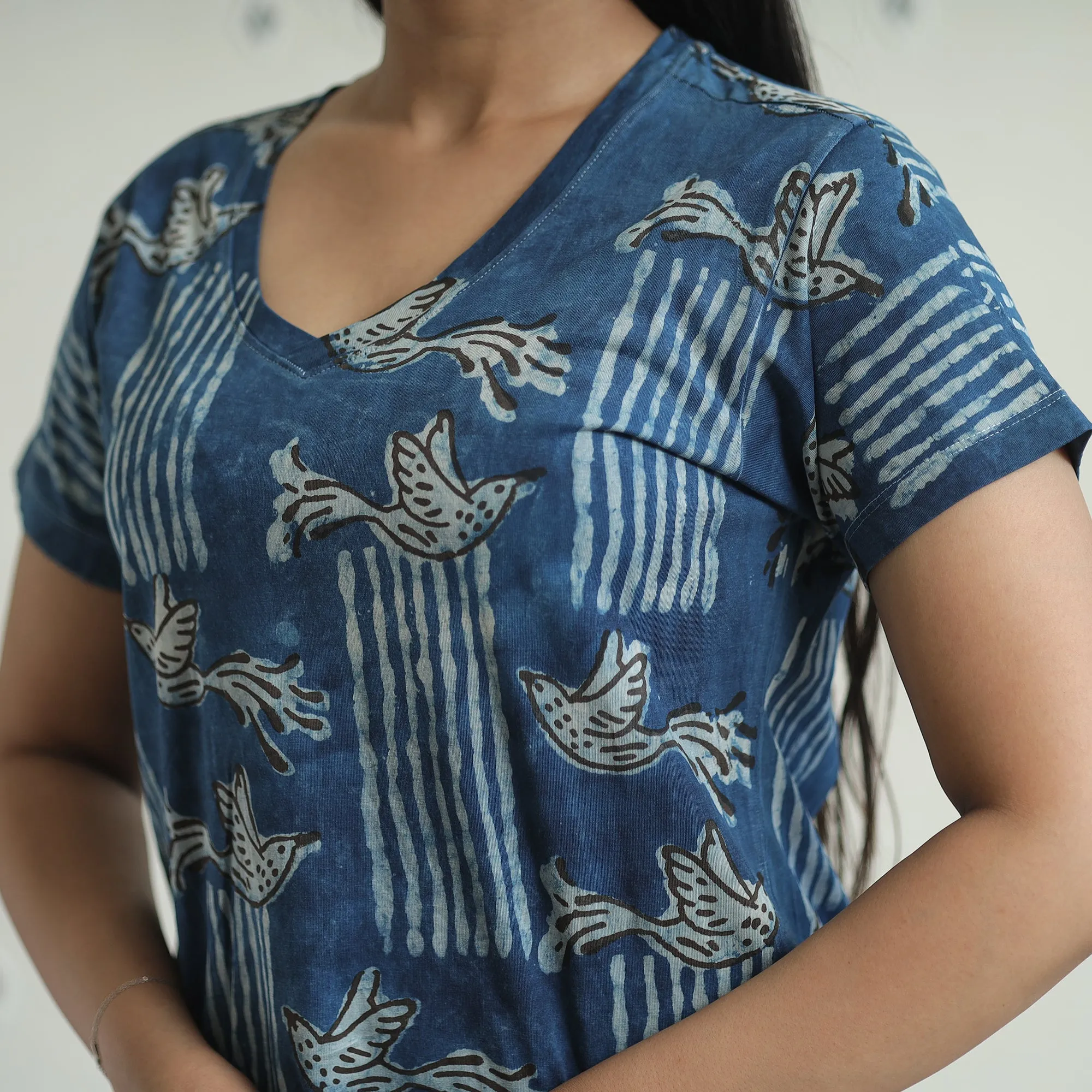 Blue - Bindaas Block Art Printed Cotton Women V Neck T-shirt 15