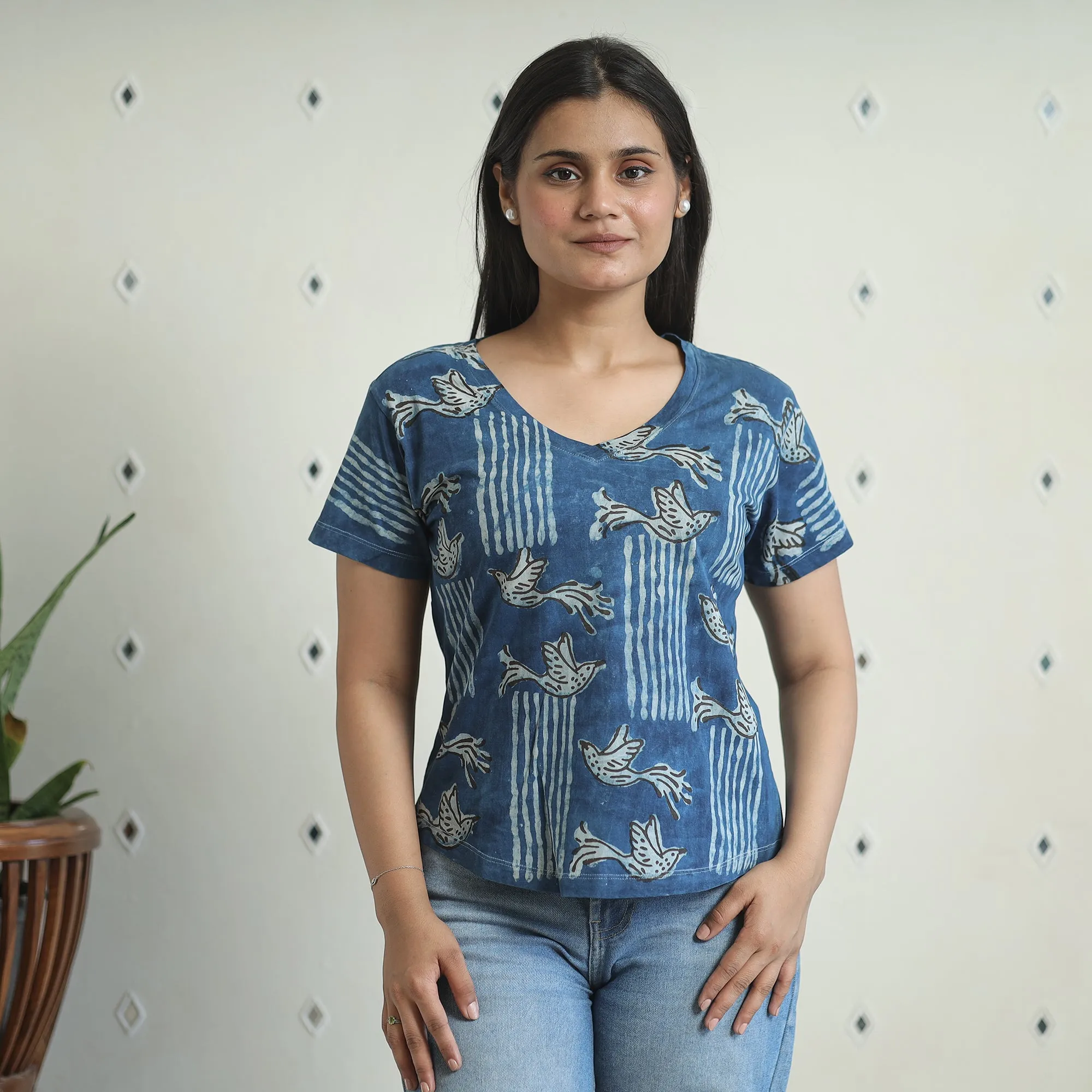 Blue - Bindaas Block Art Printed Cotton Women V Neck T-shirt 15