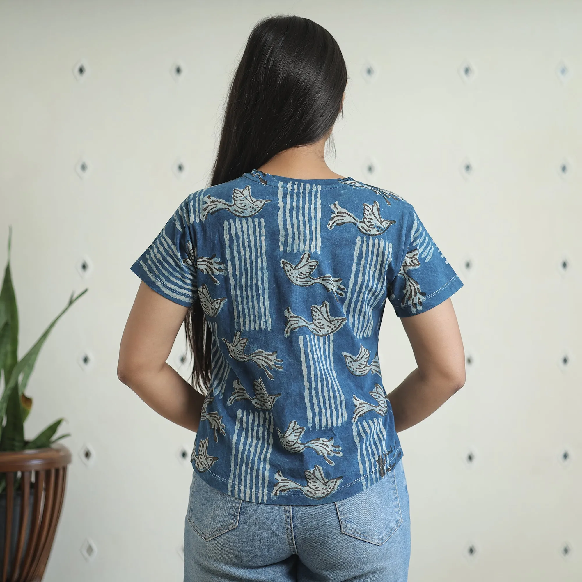 Blue - Bindaas Block Art Printed Cotton Women V Neck T-shirt 15