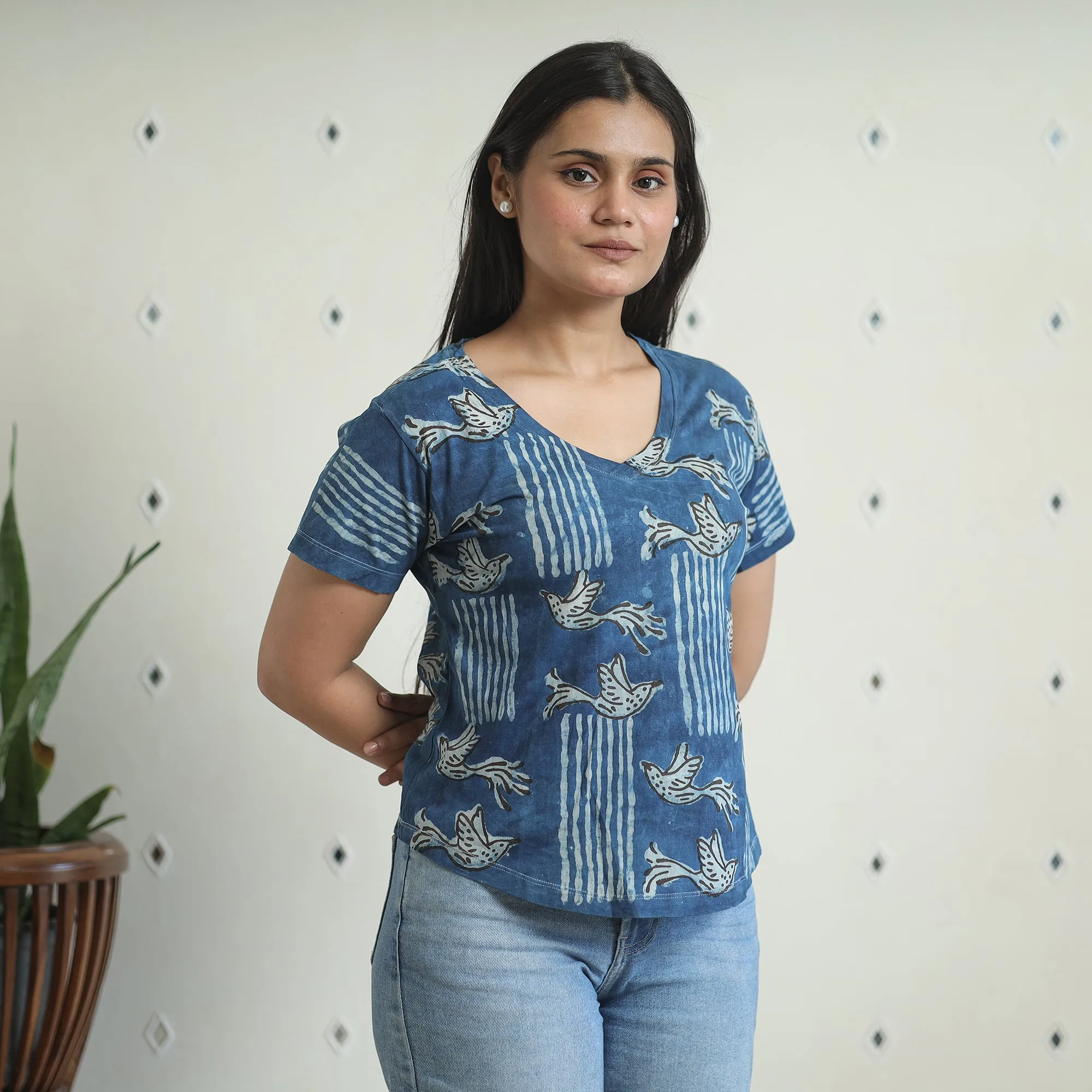 Blue - Bindaas Block Art Printed Cotton Women V Neck T-shirt 15