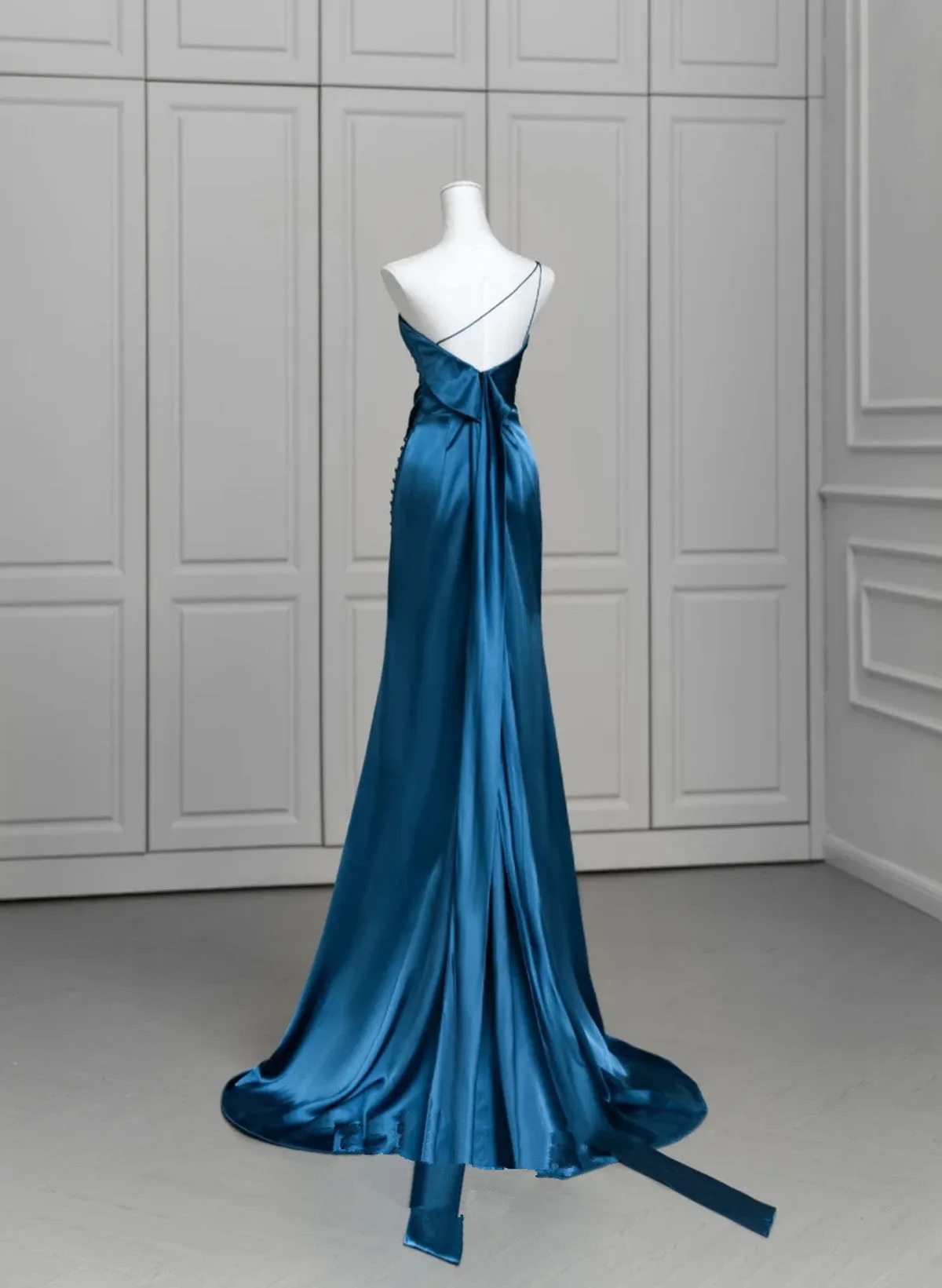 Blue Satin One Shoulder Long Party Dress with Leg Slit, Blue Satin Evening Dress