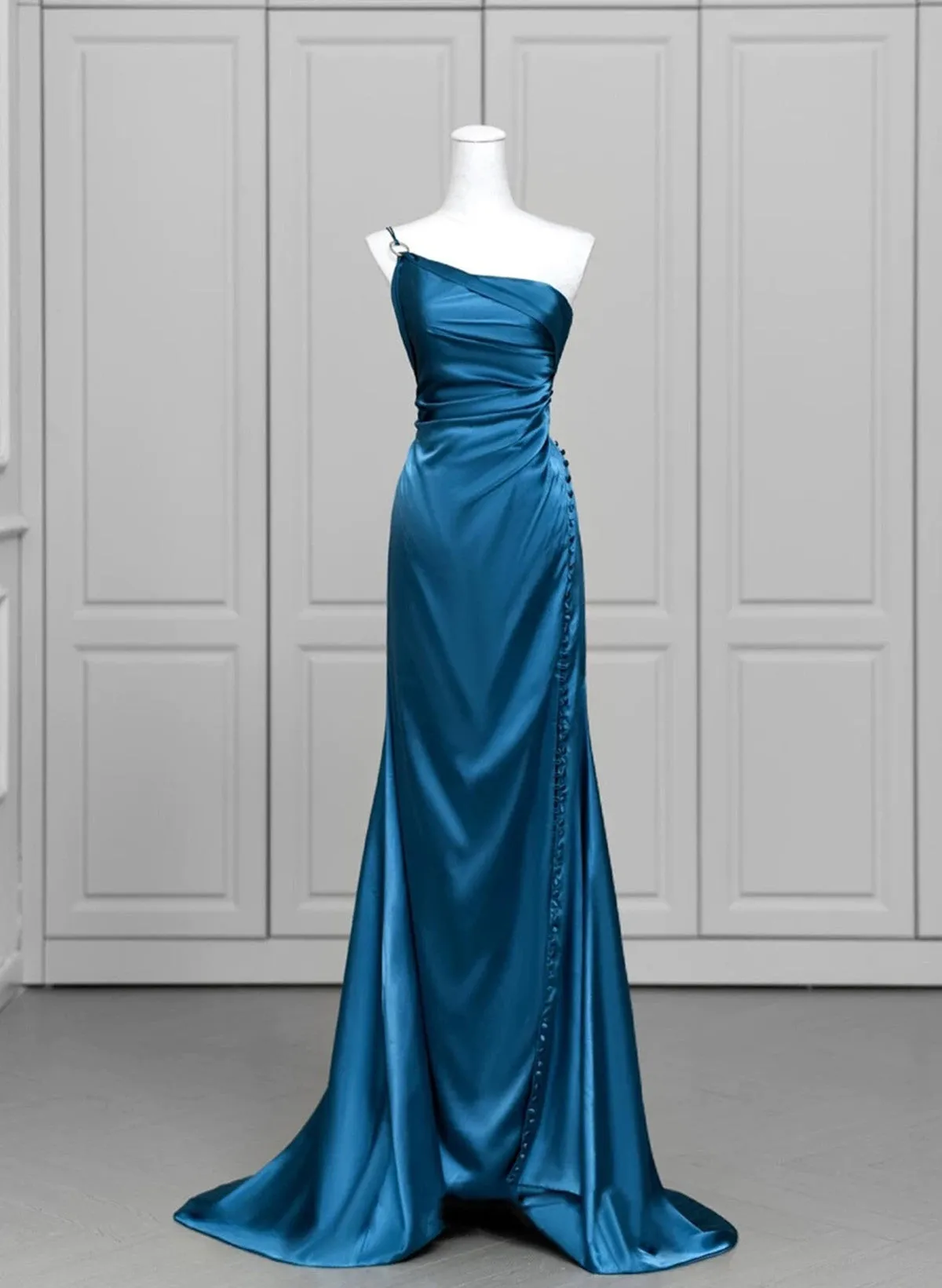 Blue Satin One Shoulder Long Party Dress with Leg Slit, Blue Satin Evening Dress