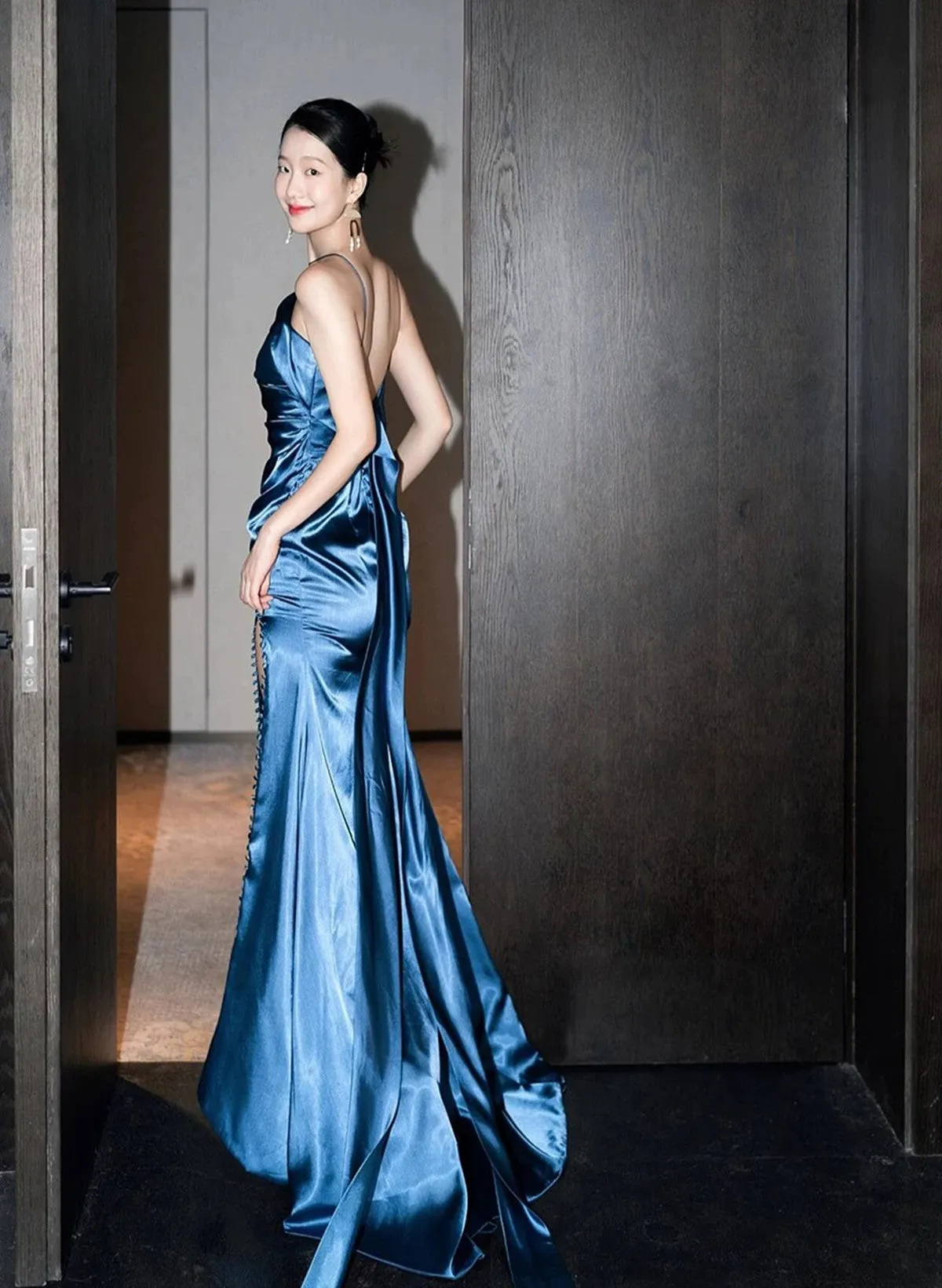 Blue Satin One Shoulder Long Party Dress with Leg Slit, Blue Satin Evening Dress