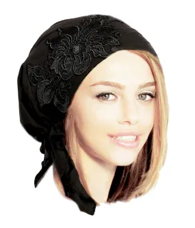 Boho Chic Black Gray Head-scarf Tichel Embellished with Fancy Floral Applique (Black - 210)