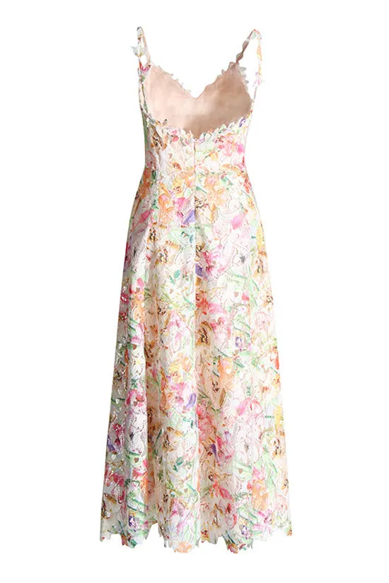 Boho Chic Floral Guipure Lace V Neck Fit & Flare Summer Cami Midi Sundress