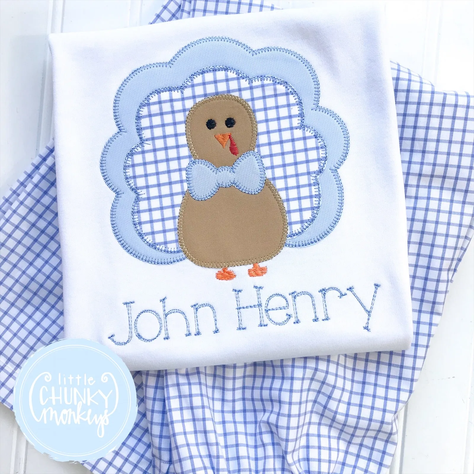 Boy Shirt- Light Blue Windowpane Turkey Applique Shirt