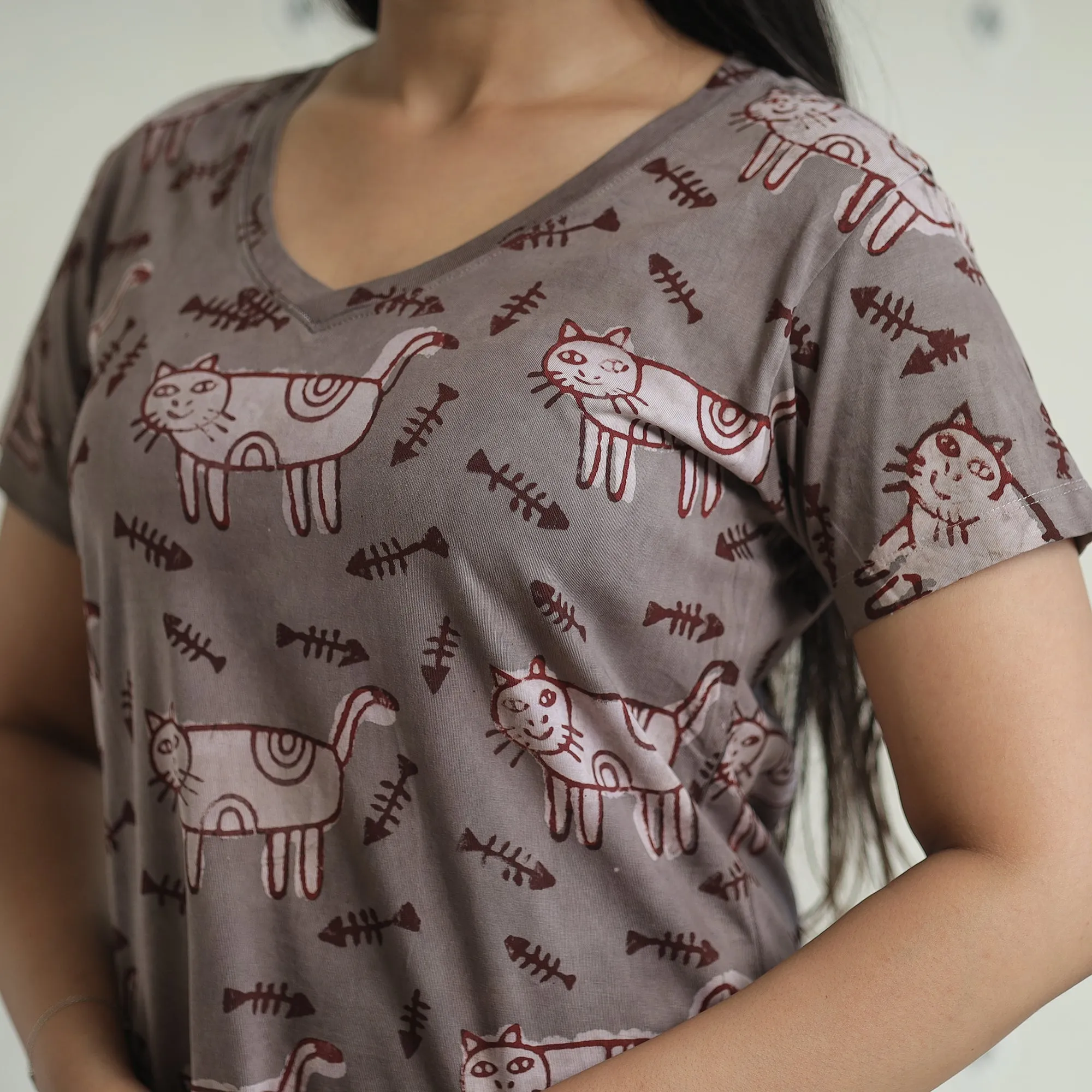 Brown - Bindaas Block Art Printed Cotton Women V Neck T-shirt 05