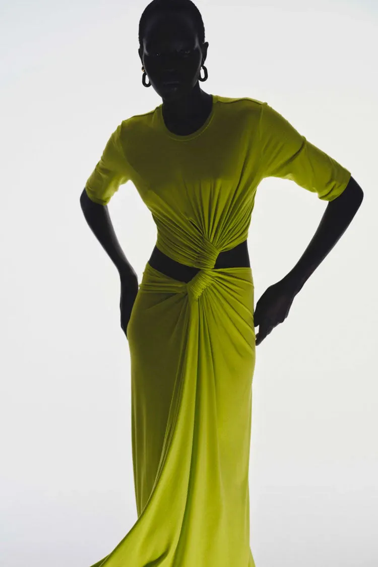 Casual Round Neck Short Sleeve Ruched Cutout Midi Dress - Lime Green