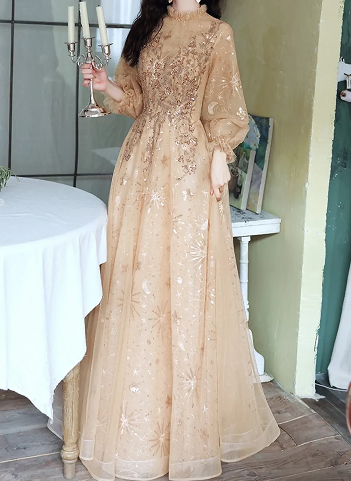 Champagne Puffy Sleeves Long Beaded Party Dress, Champagne Tulle Prom Dress