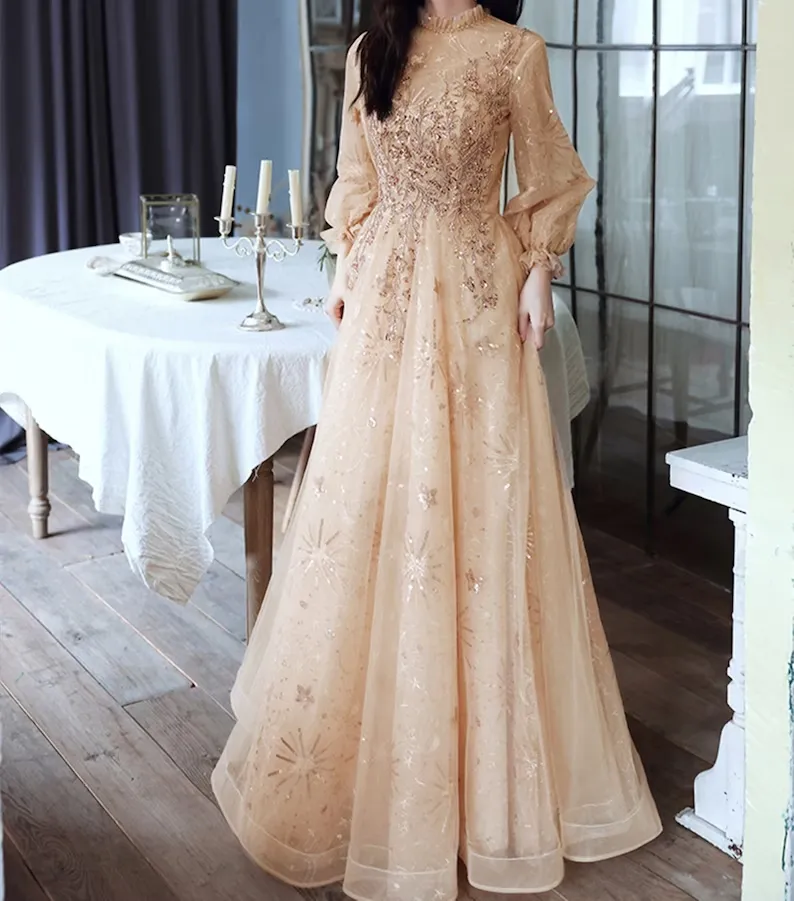 Champagne Puffy Sleeves Long Beaded Party Dress, Champagne Tulle Prom Dress