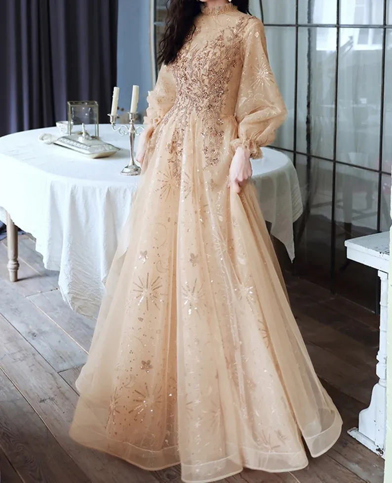 Champagne Puffy Sleeves Long Beaded Party Dress, Champagne Tulle Prom Dress