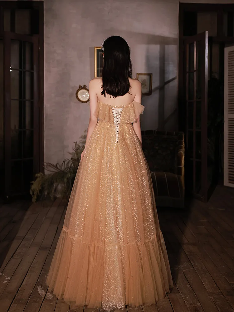 Champagne Scoop Tulle with Lace Applique Long Party Dress, A-line Prom Dress