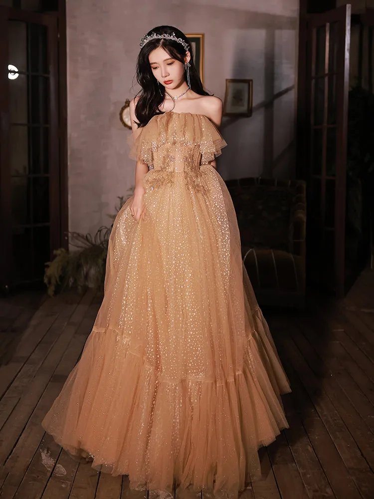 Champagne Scoop Tulle with Lace Applique Long Party Dress, A-line Prom Dress