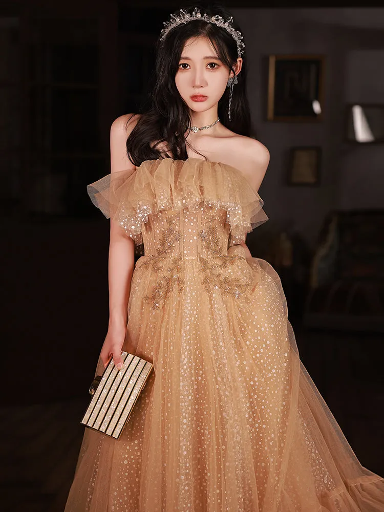 Champagne Scoop Tulle with Lace Applique Long Party Dress, A-line Prom Dress