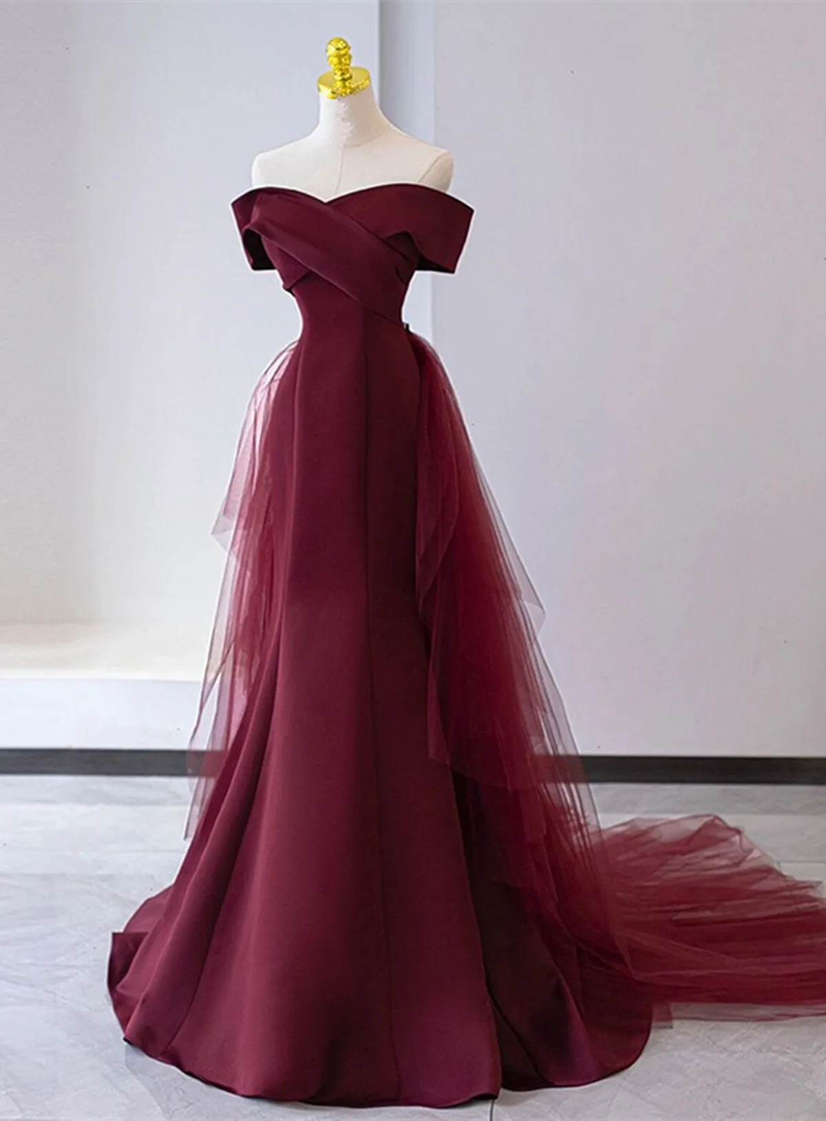 Chic Mermaid Burgundy Satin Off Shoulder Party Dress, Burgundy Long Evening Dress Prom Dress