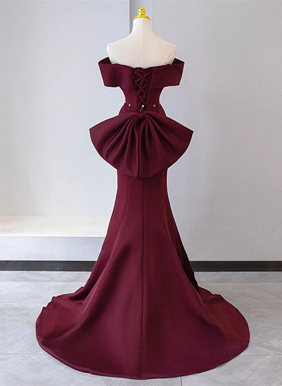 Chic Mermaid Burgundy Satin Off Shoulder Party Dress, Burgundy Long Evening Dress Prom Dress