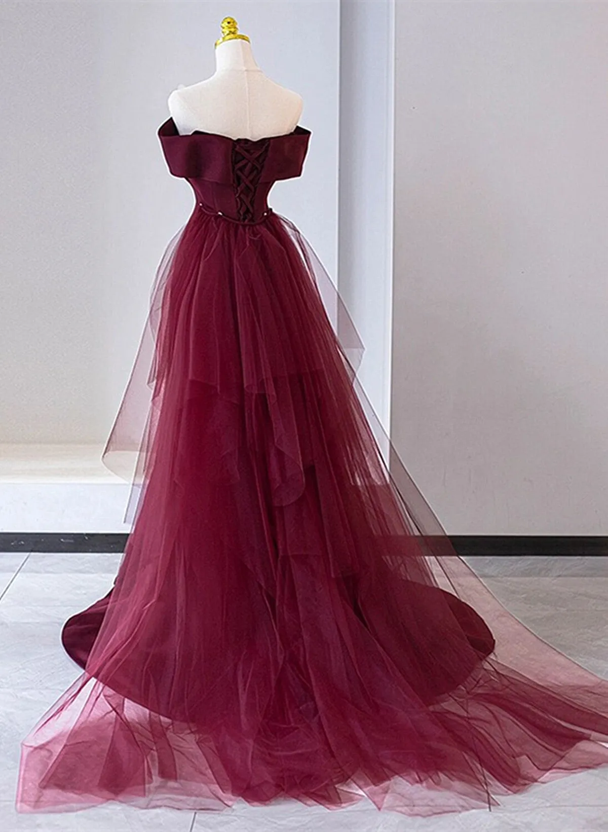 Chic Mermaid Burgundy Satin Off Shoulder Party Dress, Burgundy Long Evening Dress Prom Dress