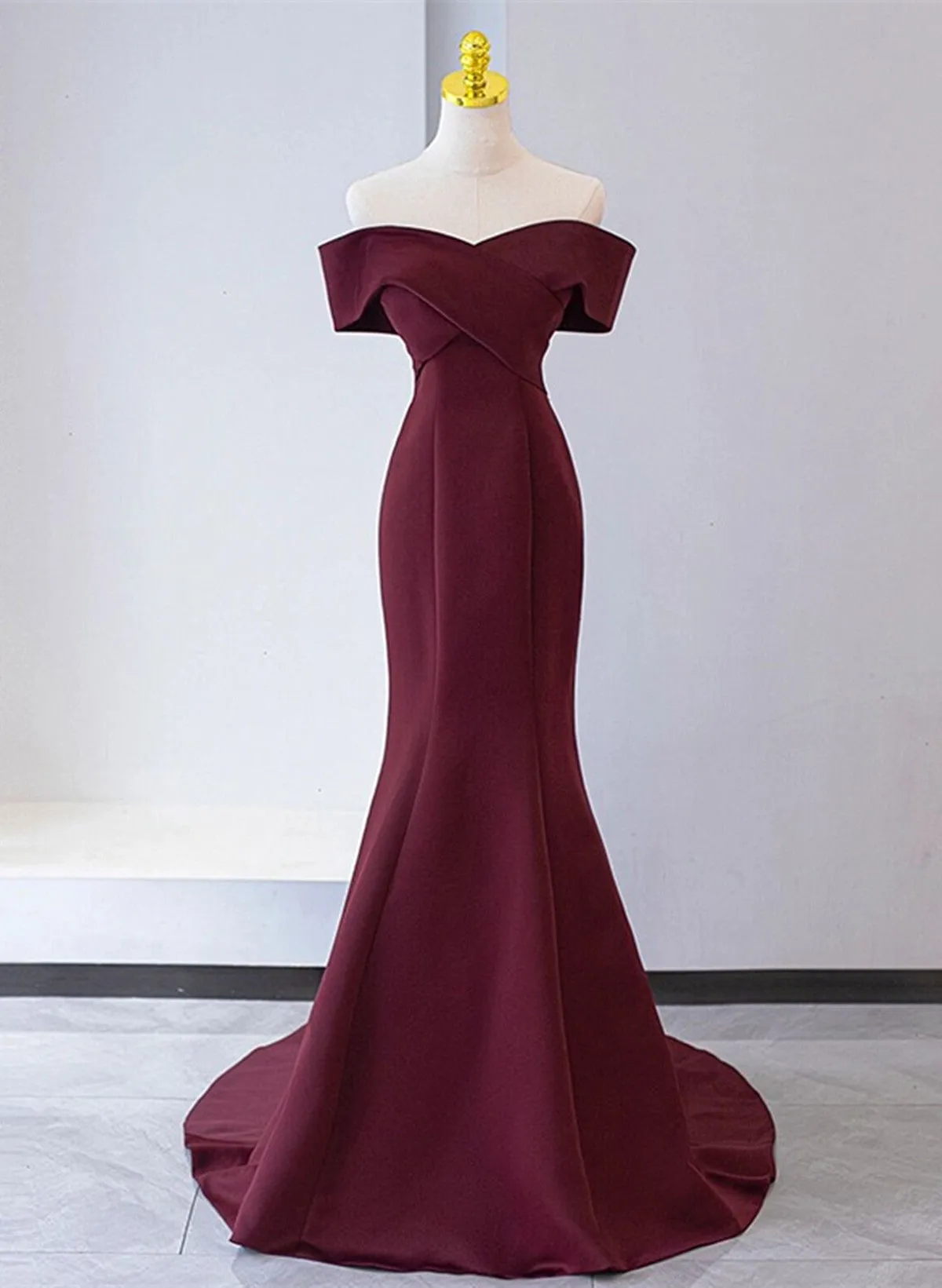 Chic Mermaid Burgundy Satin Off Shoulder Party Dress, Burgundy Long Evening Dress Prom Dress