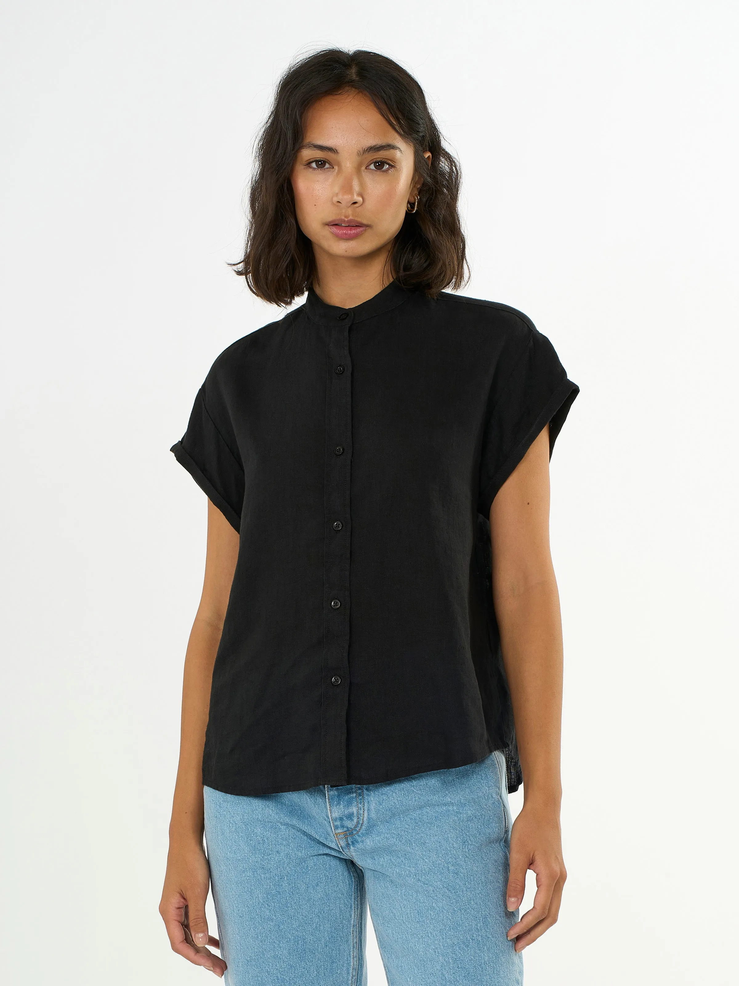 Collar stand short sleeve linen shirt - Black Jet