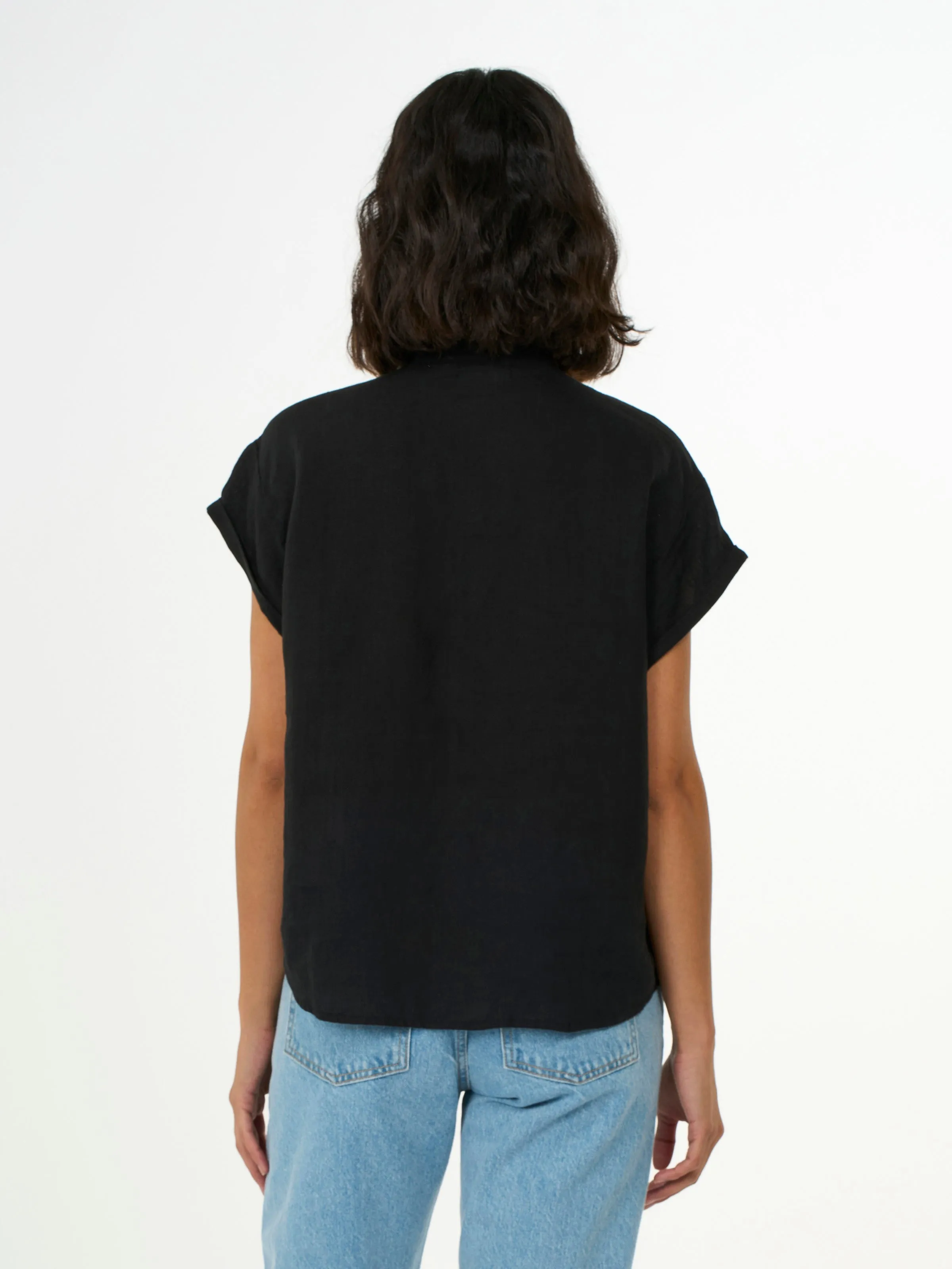 Collar stand short sleeve linen shirt - Black Jet