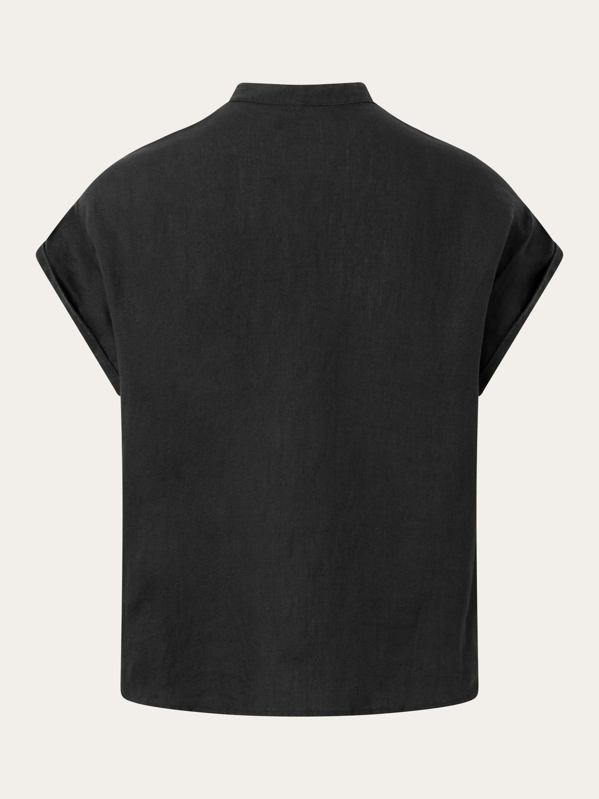 Collar stand short sleeve linen shirt - Black Jet