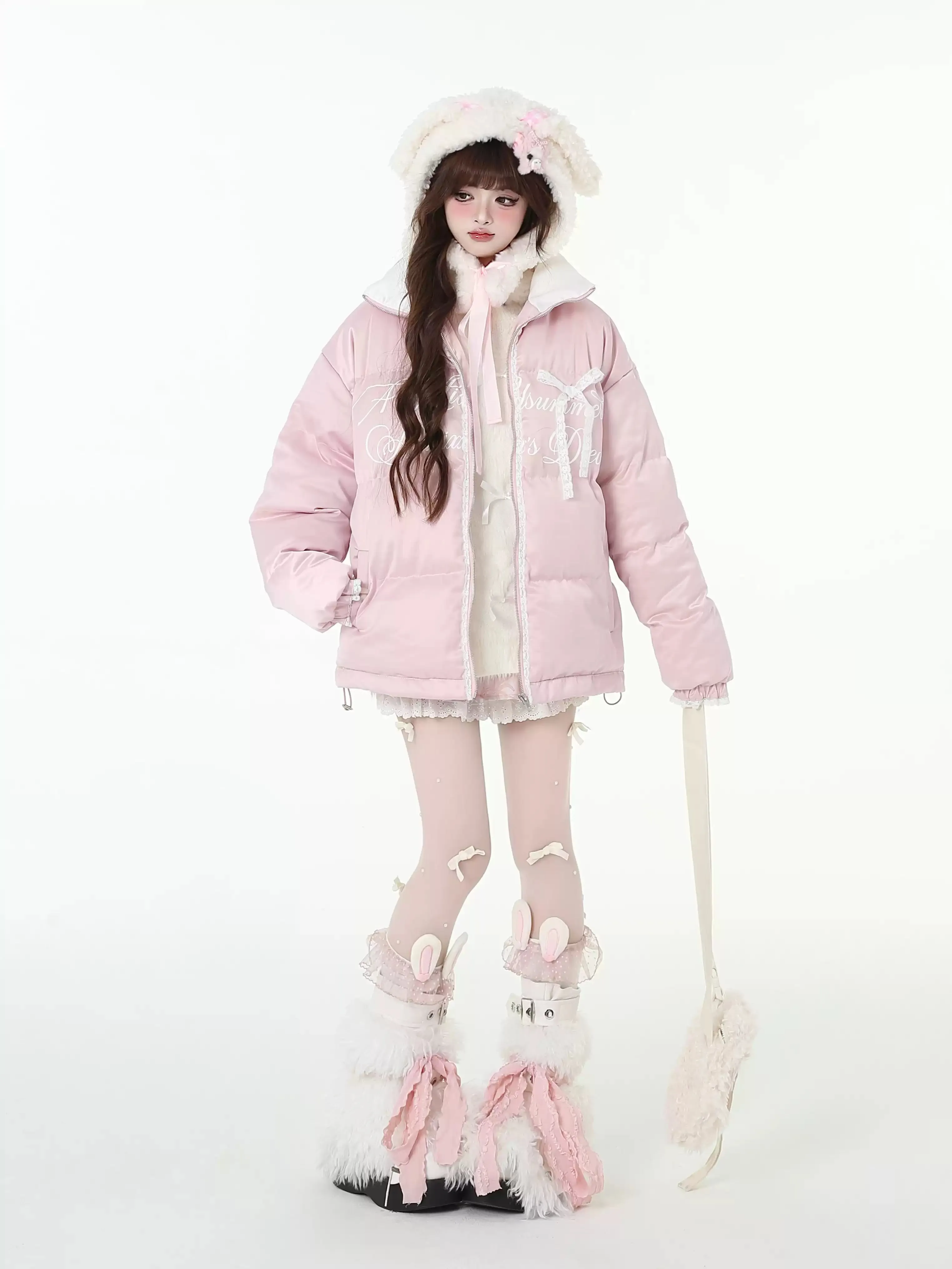 Crazy Girl Coquette Bow Black Pink Puffer Jacket