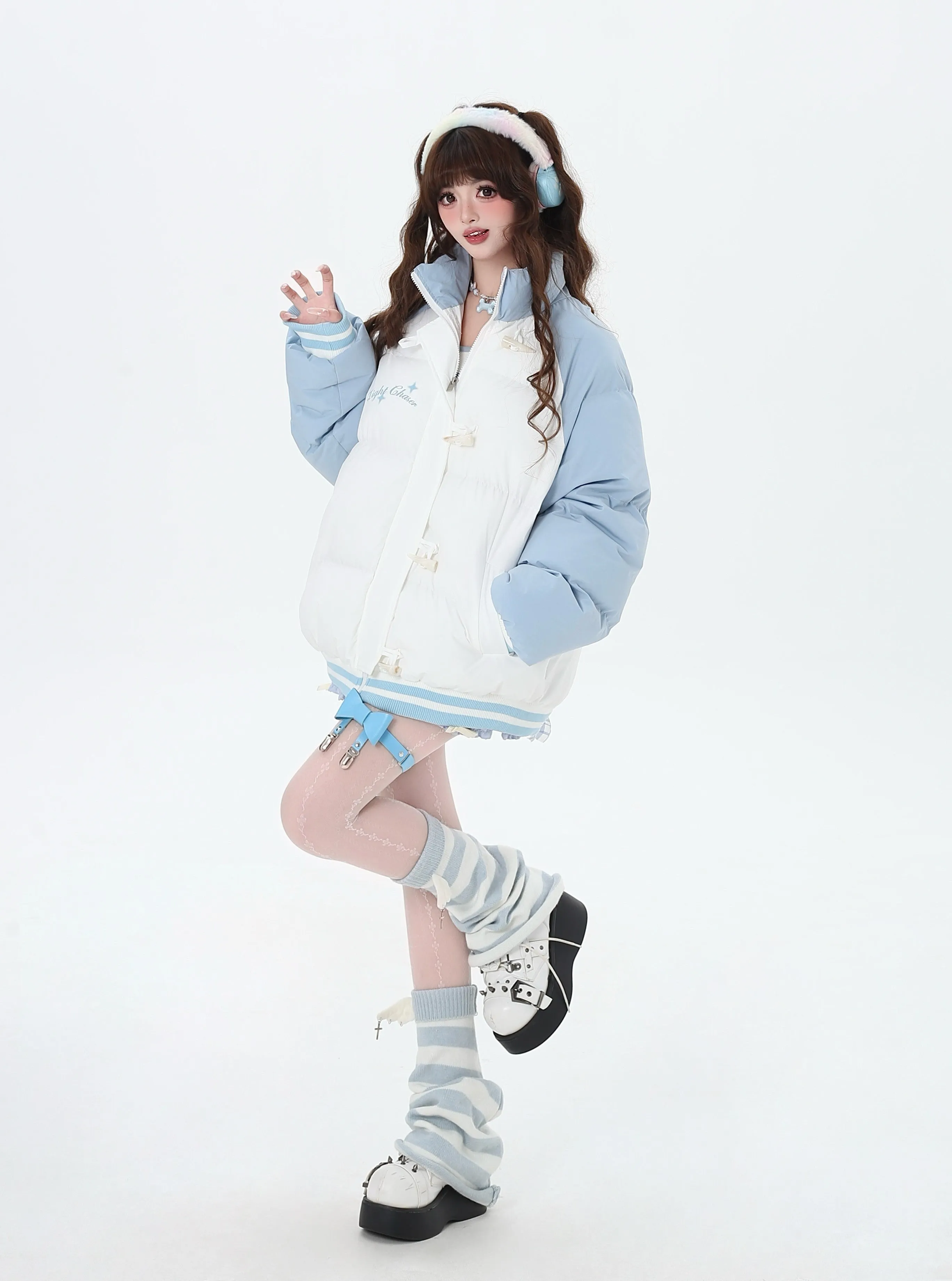 Crazy Girl Stereo Toggles White Pink Blue Puffer Jacket