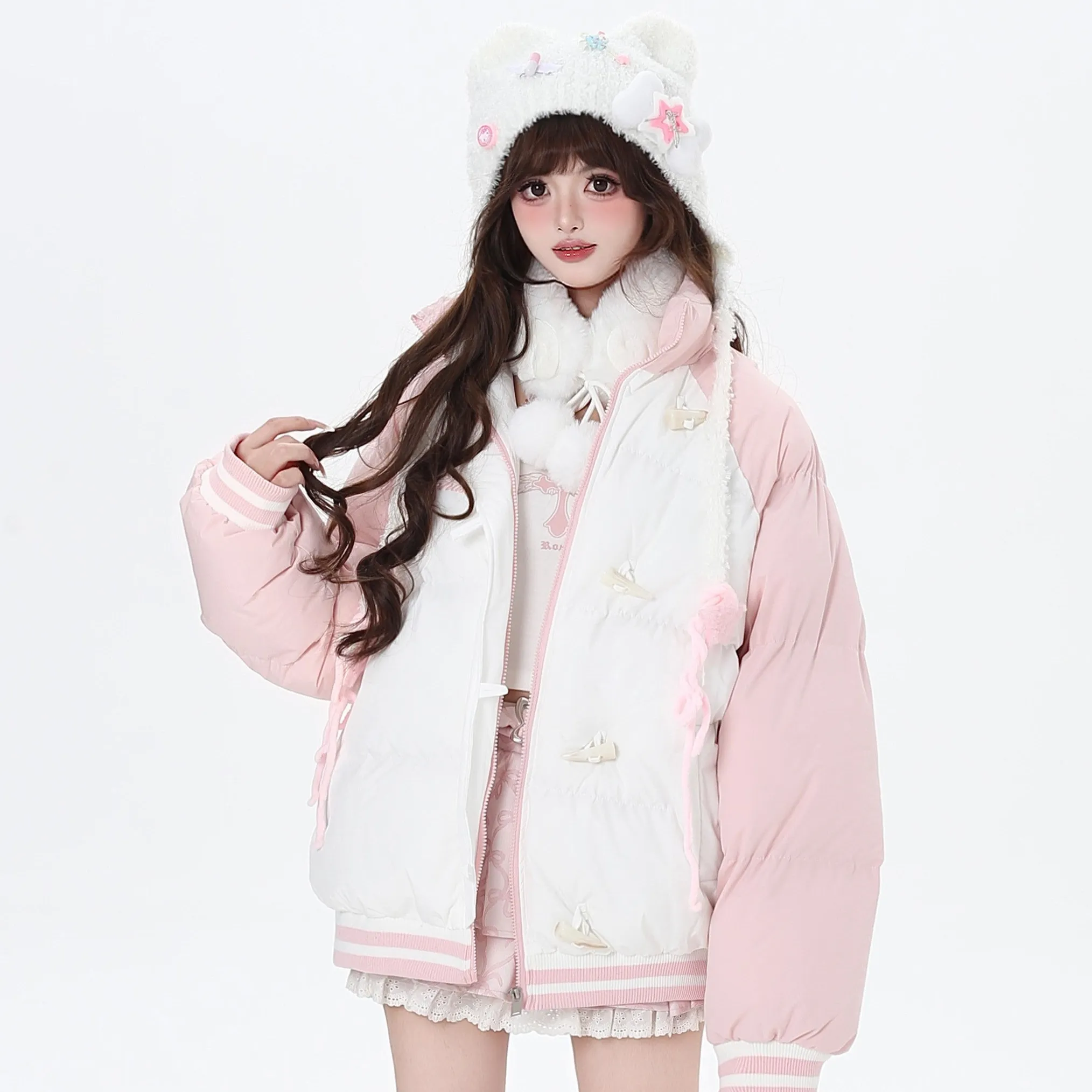 Crazy Girl Stereo Toggles White Pink Blue Puffer Jacket