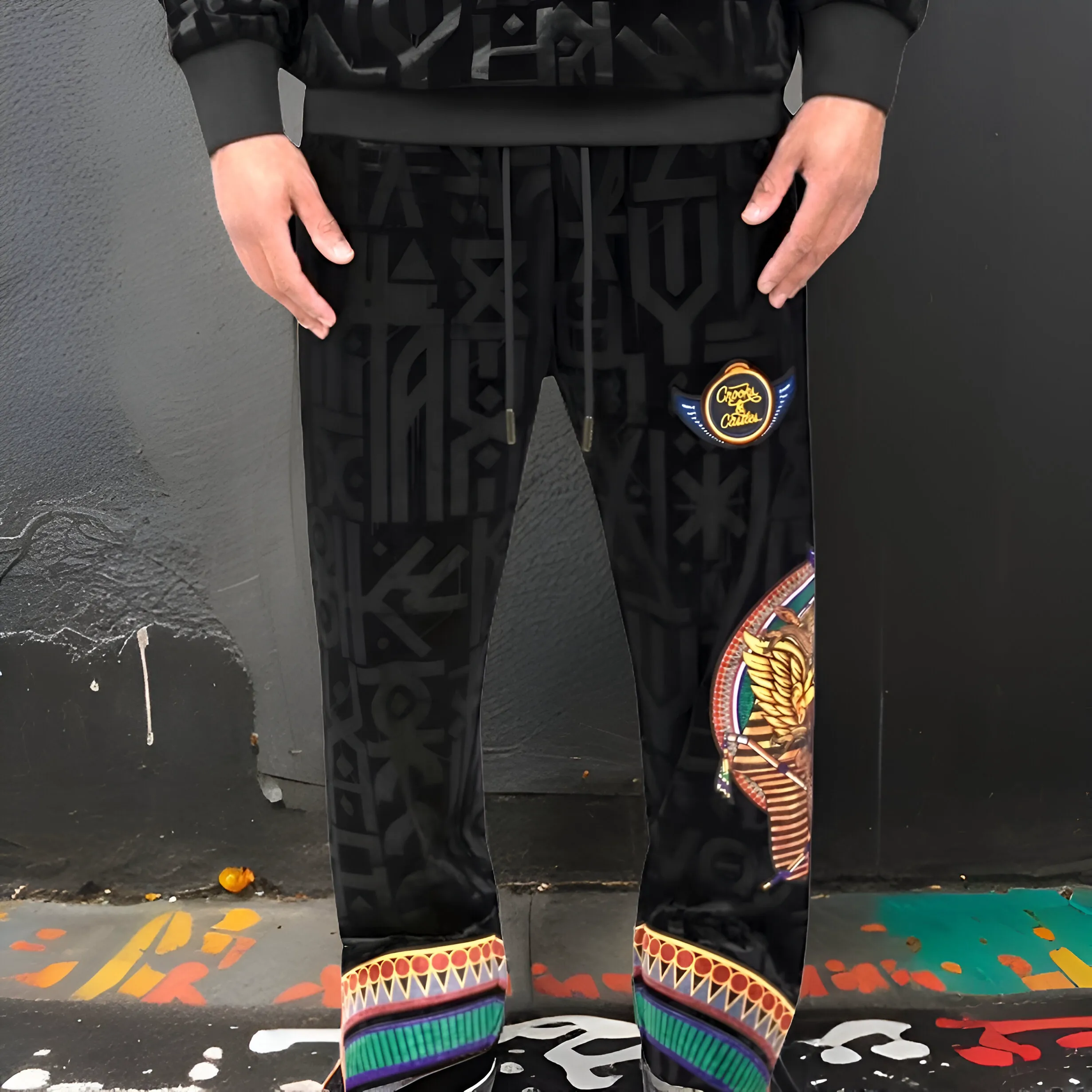 ^CROOKS & CASTLES^ (BLACK-MULTI) *KING TUT* VELOUR JOGGER SWEATPANTS