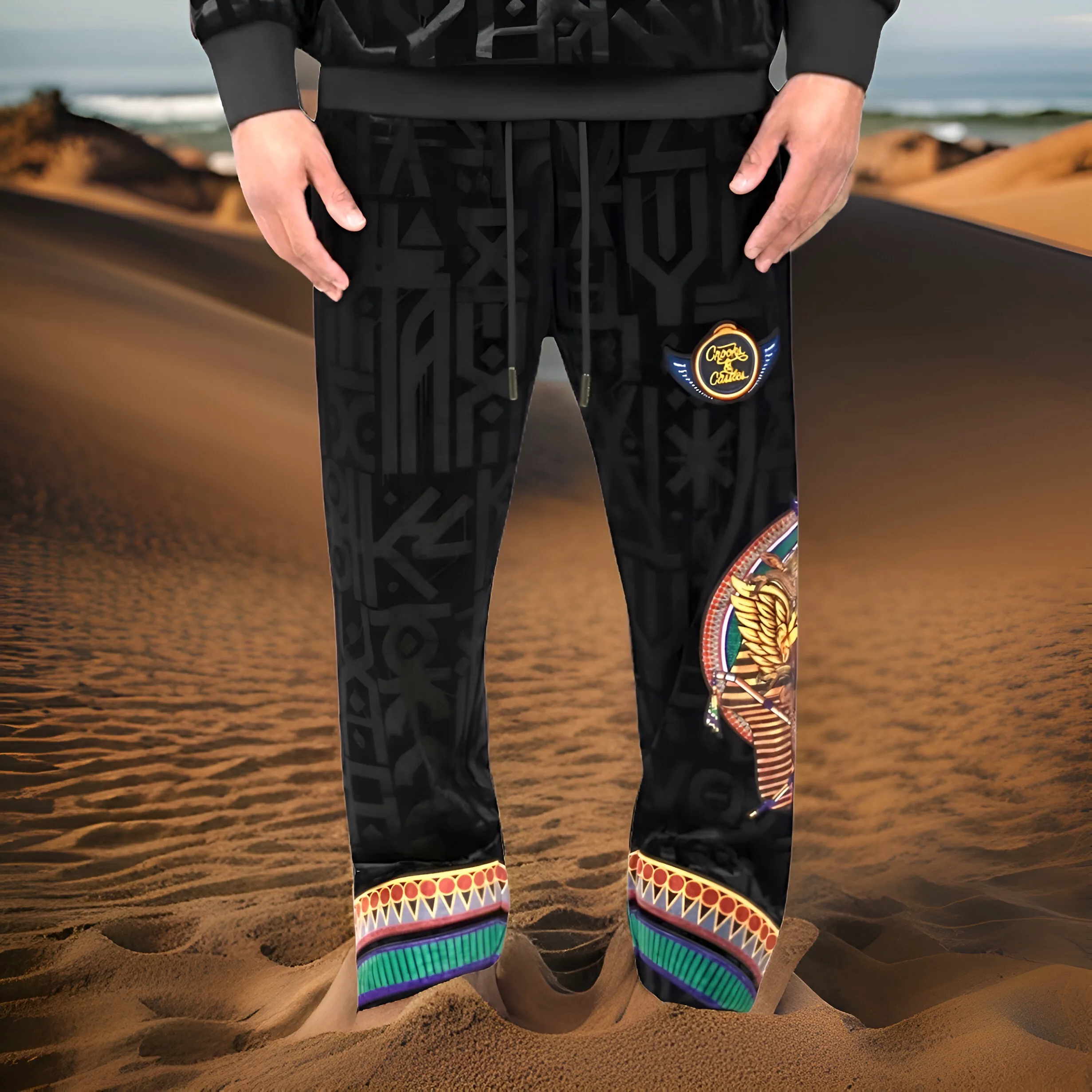 ^CROOKS & CASTLES^ (BLACK-MULTI) *KING TUT* VELOUR JOGGER SWEATPANTS