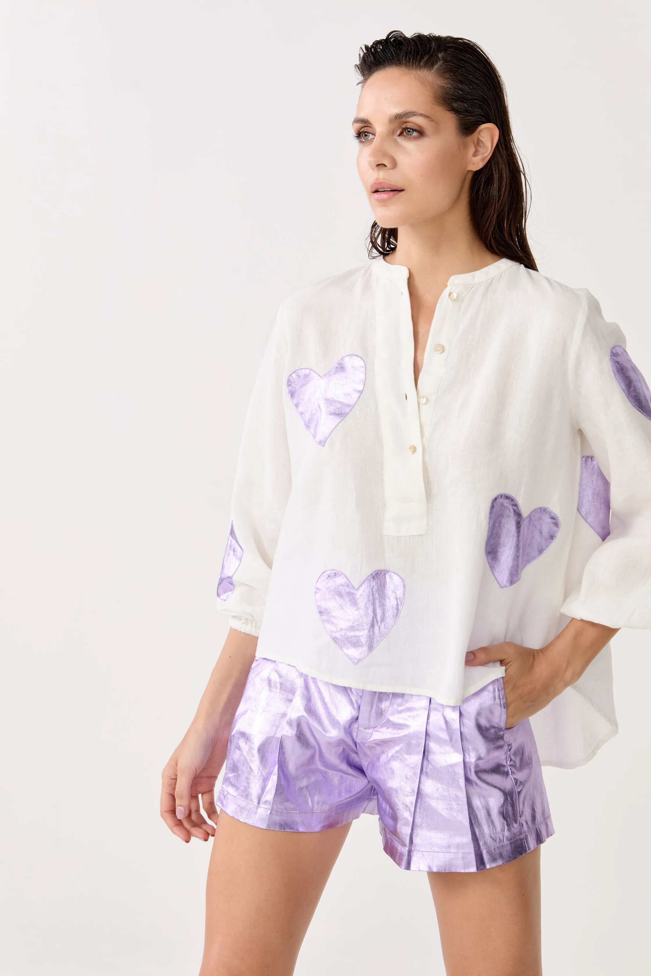 Cupid Linen Shirt - Off-white with Metallic Violet Hearts