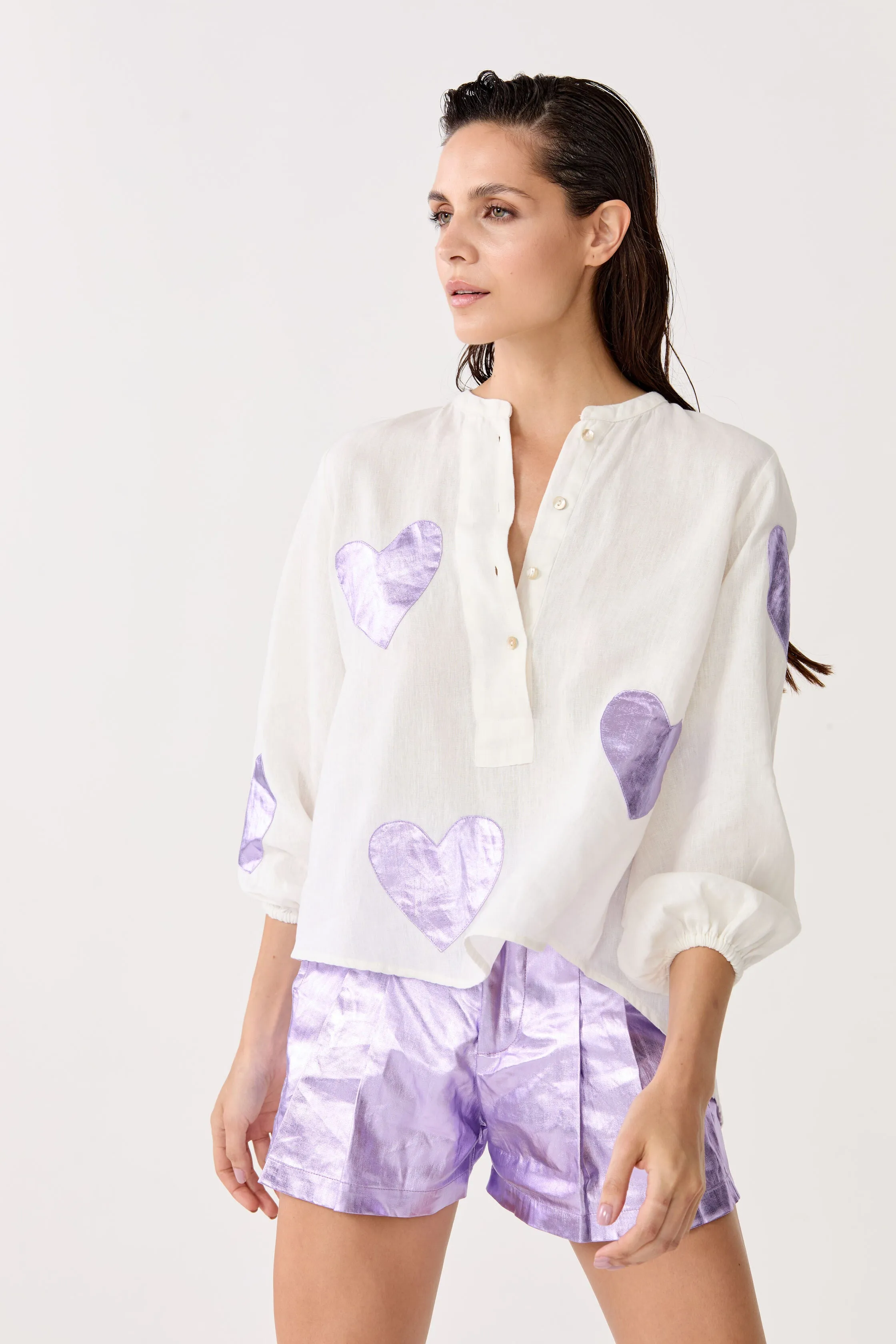 Cupid Linen Shirt - Off-white with Metallic Violet Hearts