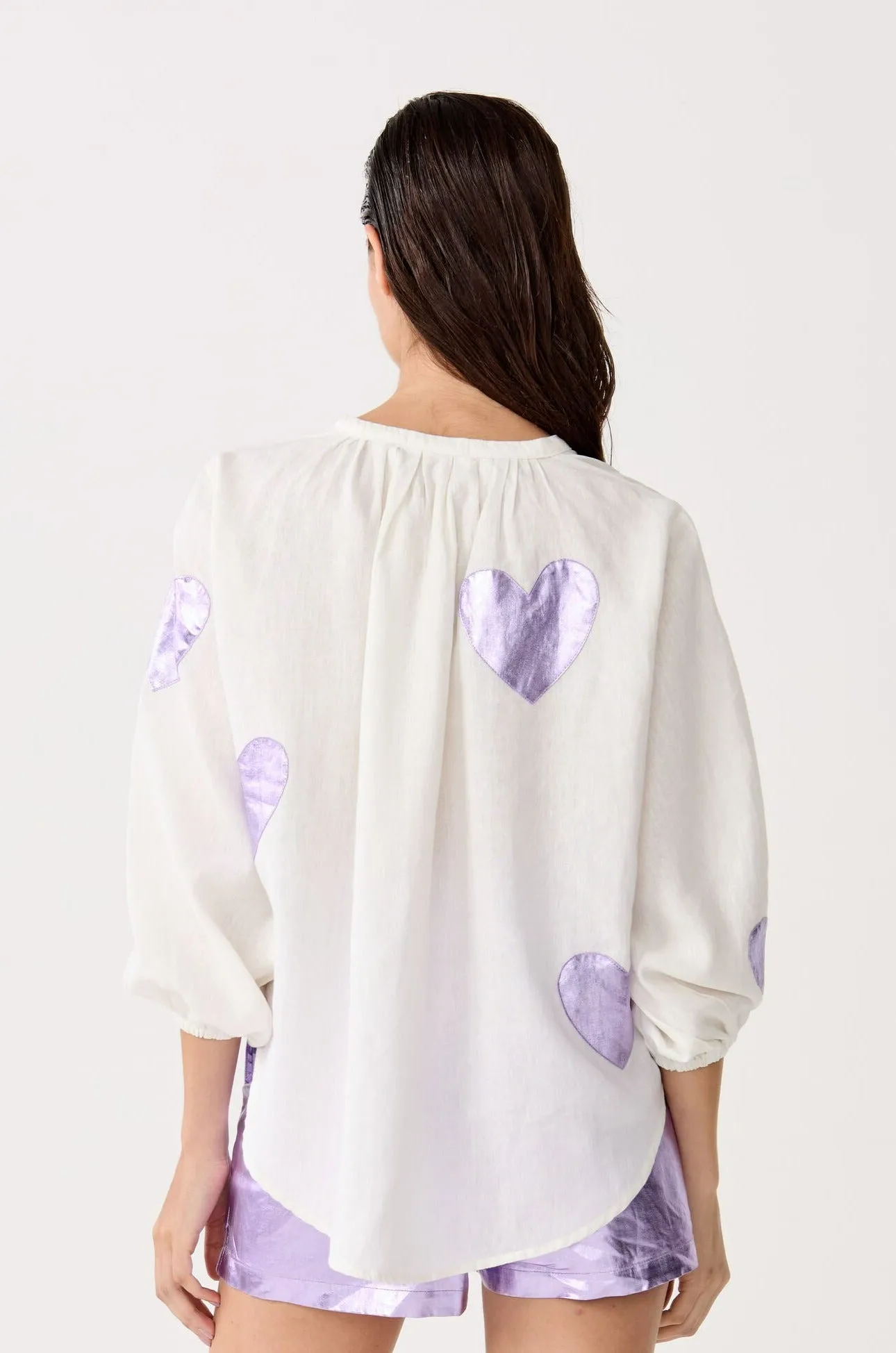 Cupid Linen Shirt - Off-white with Metallic Violet Hearts