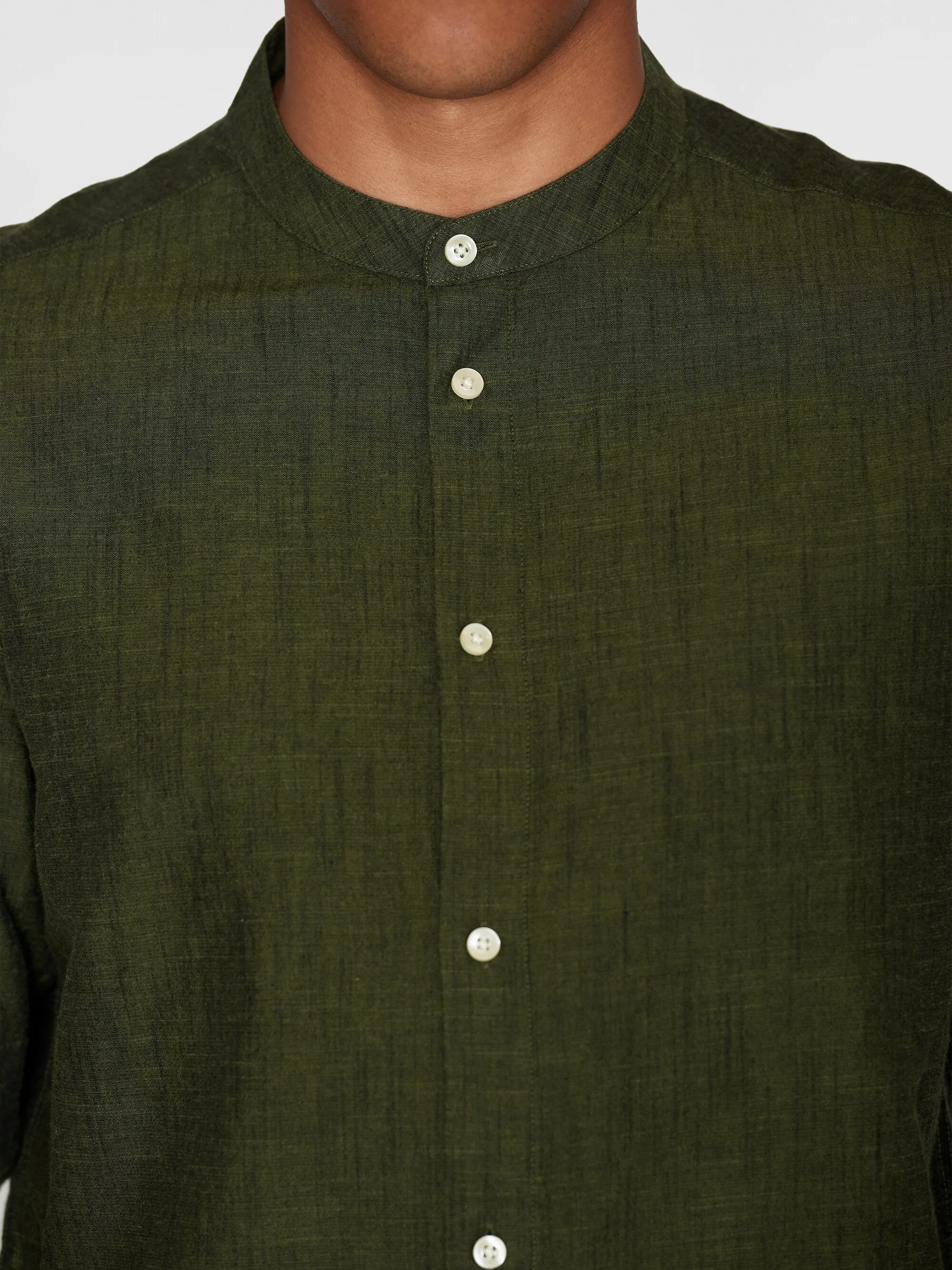 Custom fit linen stand collar shirt - Burned Olive