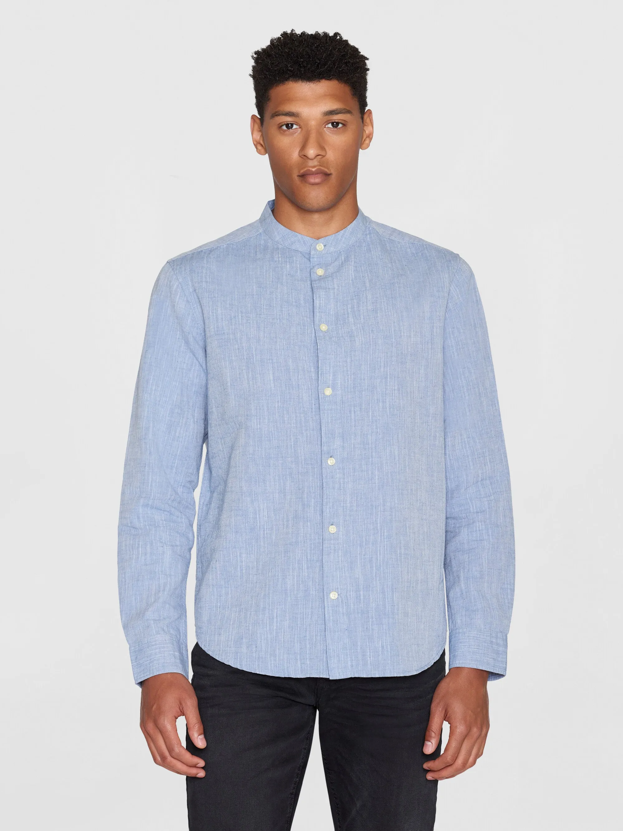 Custom fit linen stand collar shirt - Moonlight Blue