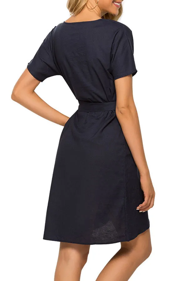 Dark Navy Lace-up Wrap Dress