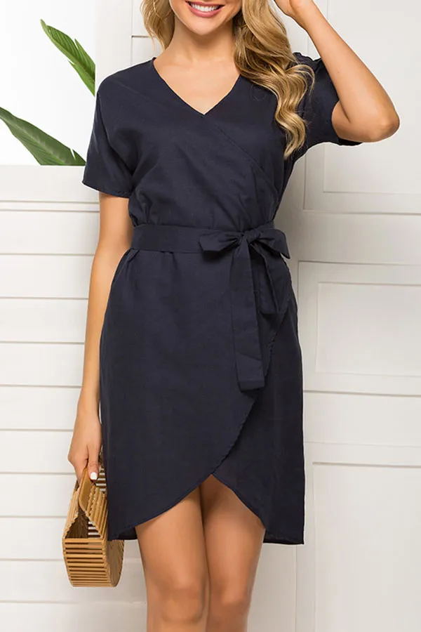 Dark Navy Lace-up Wrap Dress