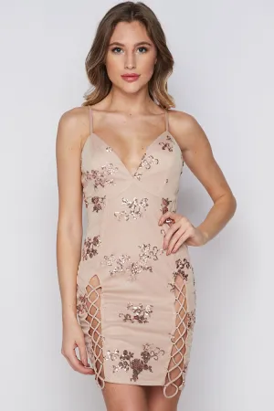 Deep V Sleeveless Lace Up Sequin Lace Fitted Club Mini Dress - Champagne