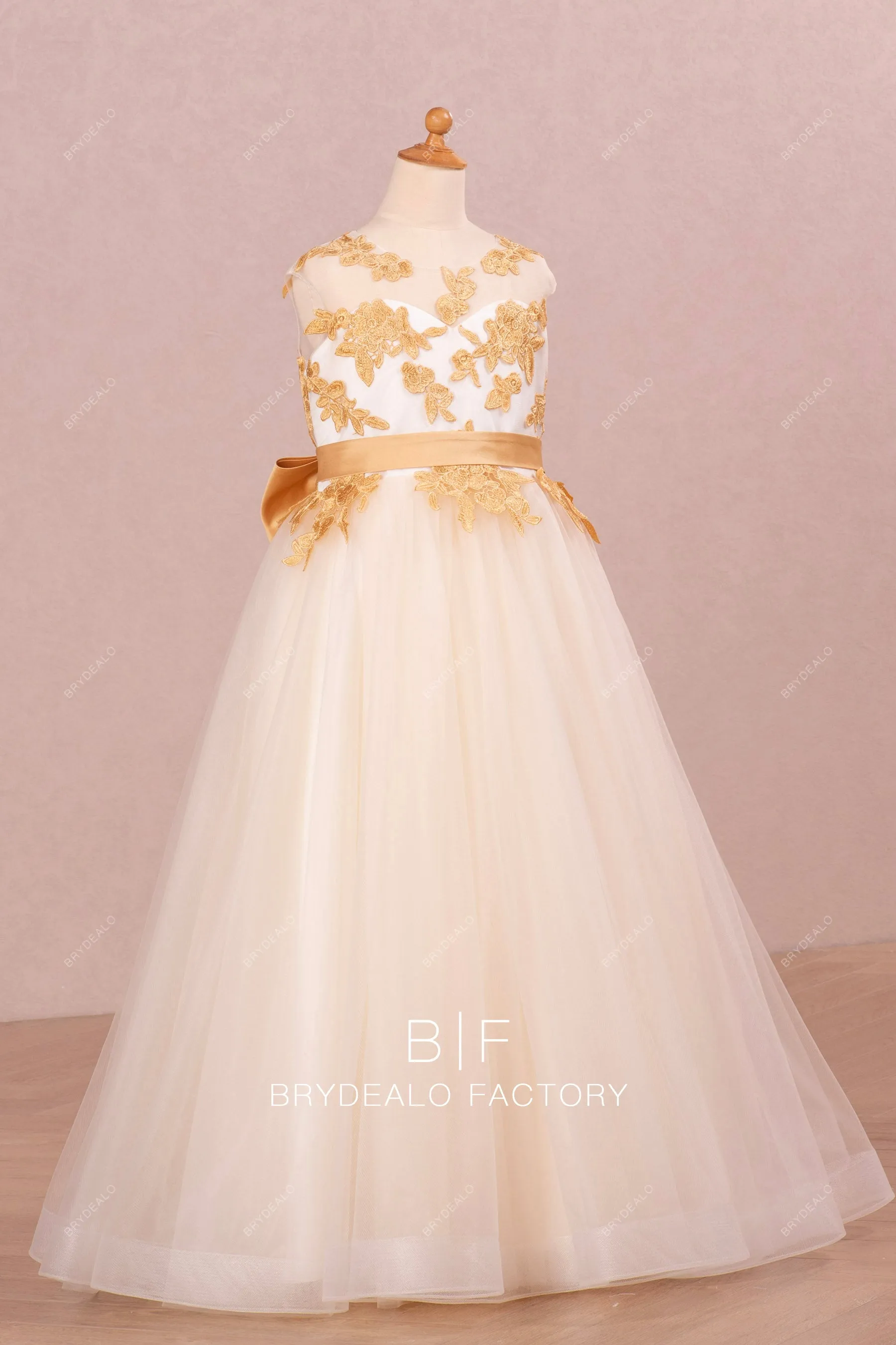 Detachable Knot Gold Lace A-Line Flower Girl Dress