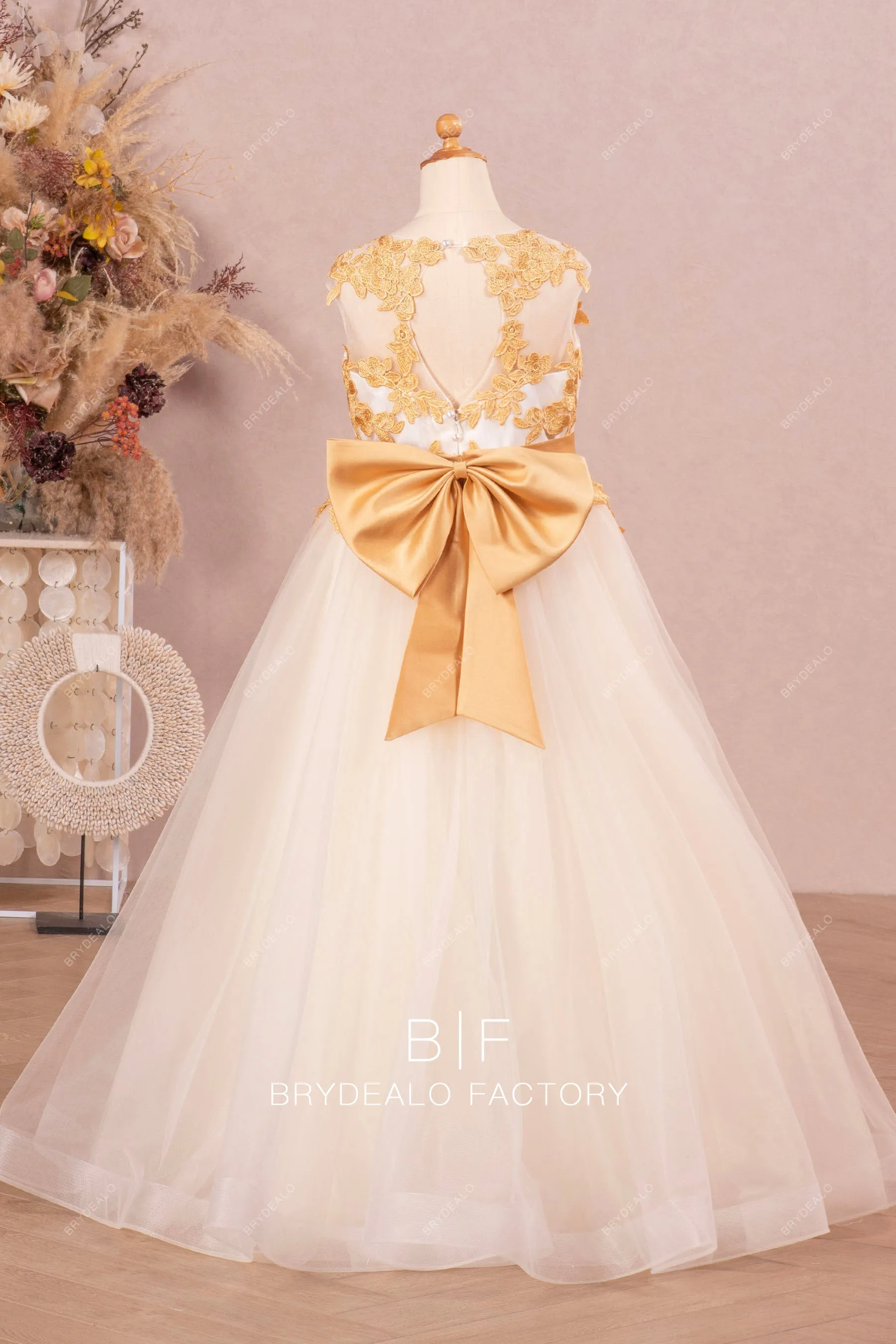 Detachable Knot Gold Lace A-Line Flower Girl Dress