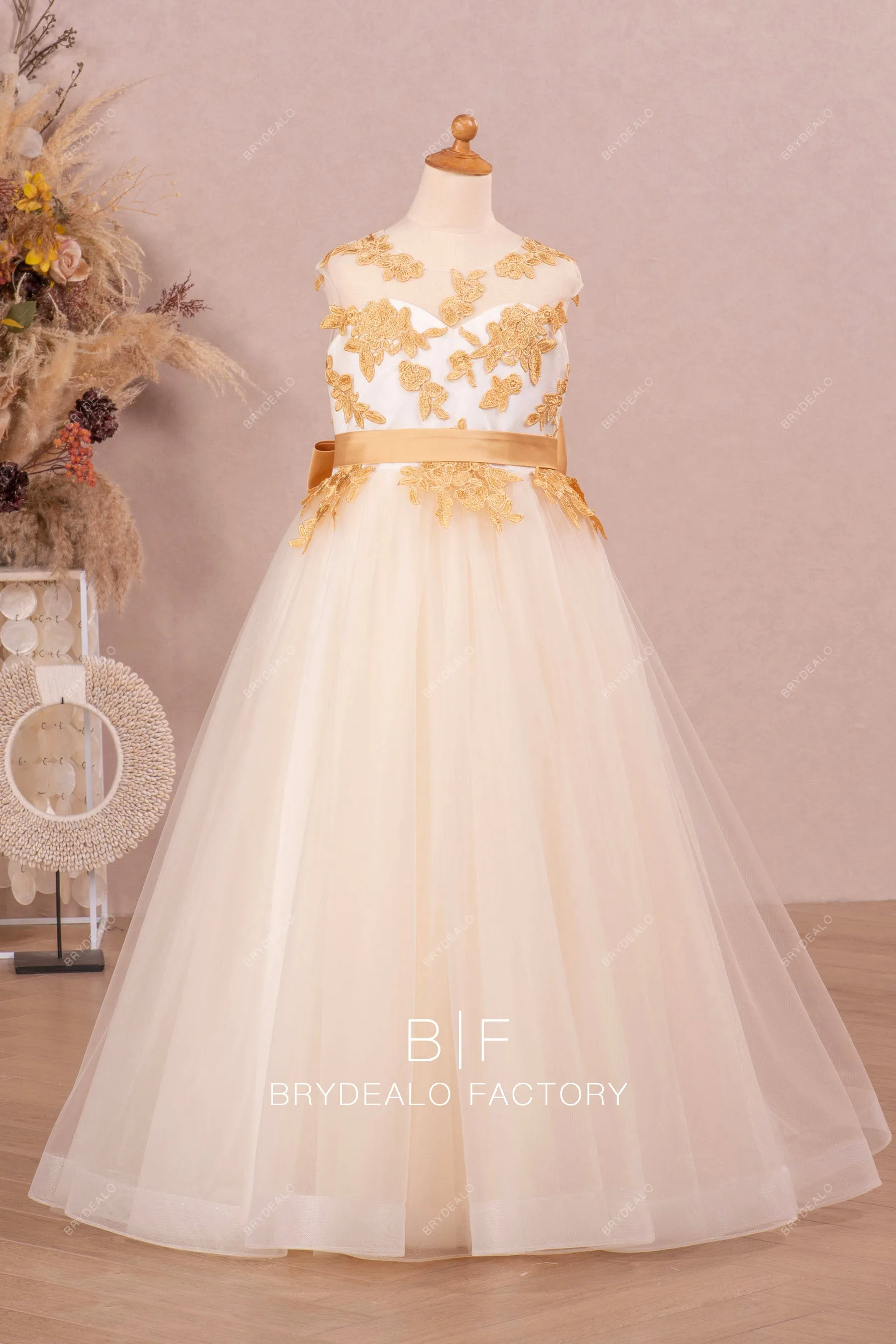 Detachable Knot Gold Lace A-Line Flower Girl Dress