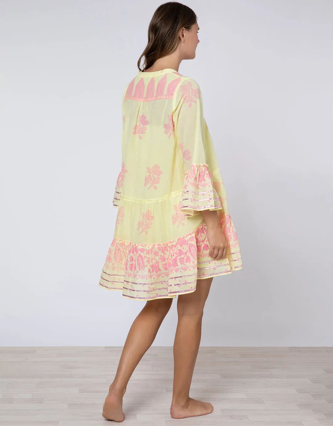 Dhaka Print Flared Sleeve Dress - Yellow and Fuchsia