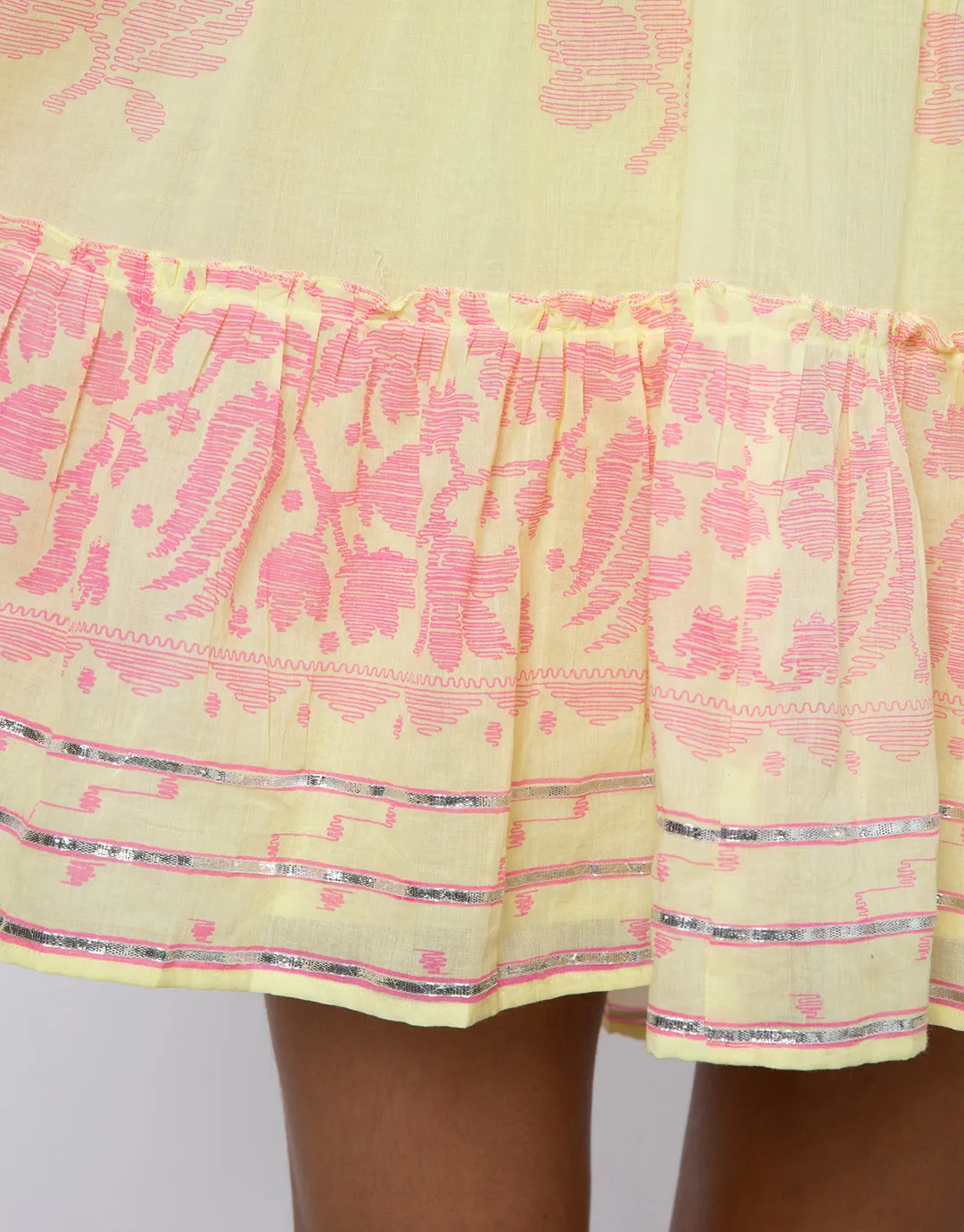 Dhaka Print Flared Sleeve Dress - Yellow and Fuchsia