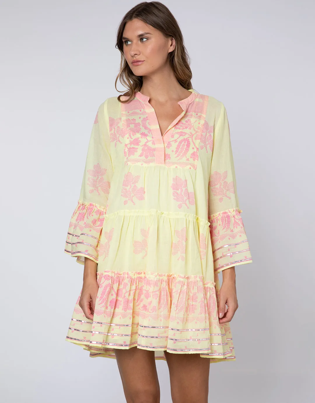 Dhaka Print Flared Sleeve Dress - Yellow and Fuchsia