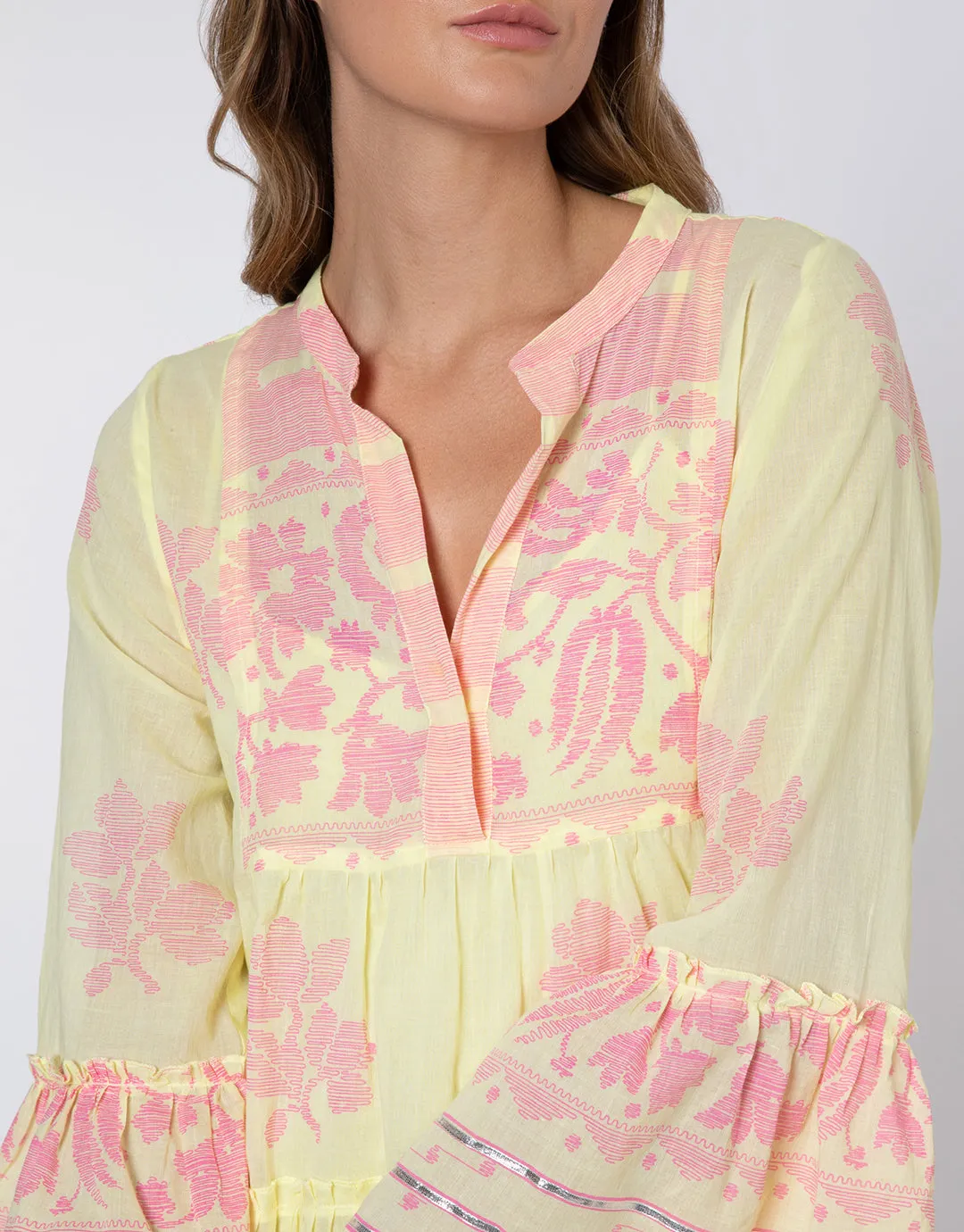 Dhaka Print Flared Sleeve Dress - Yellow and Fuchsia